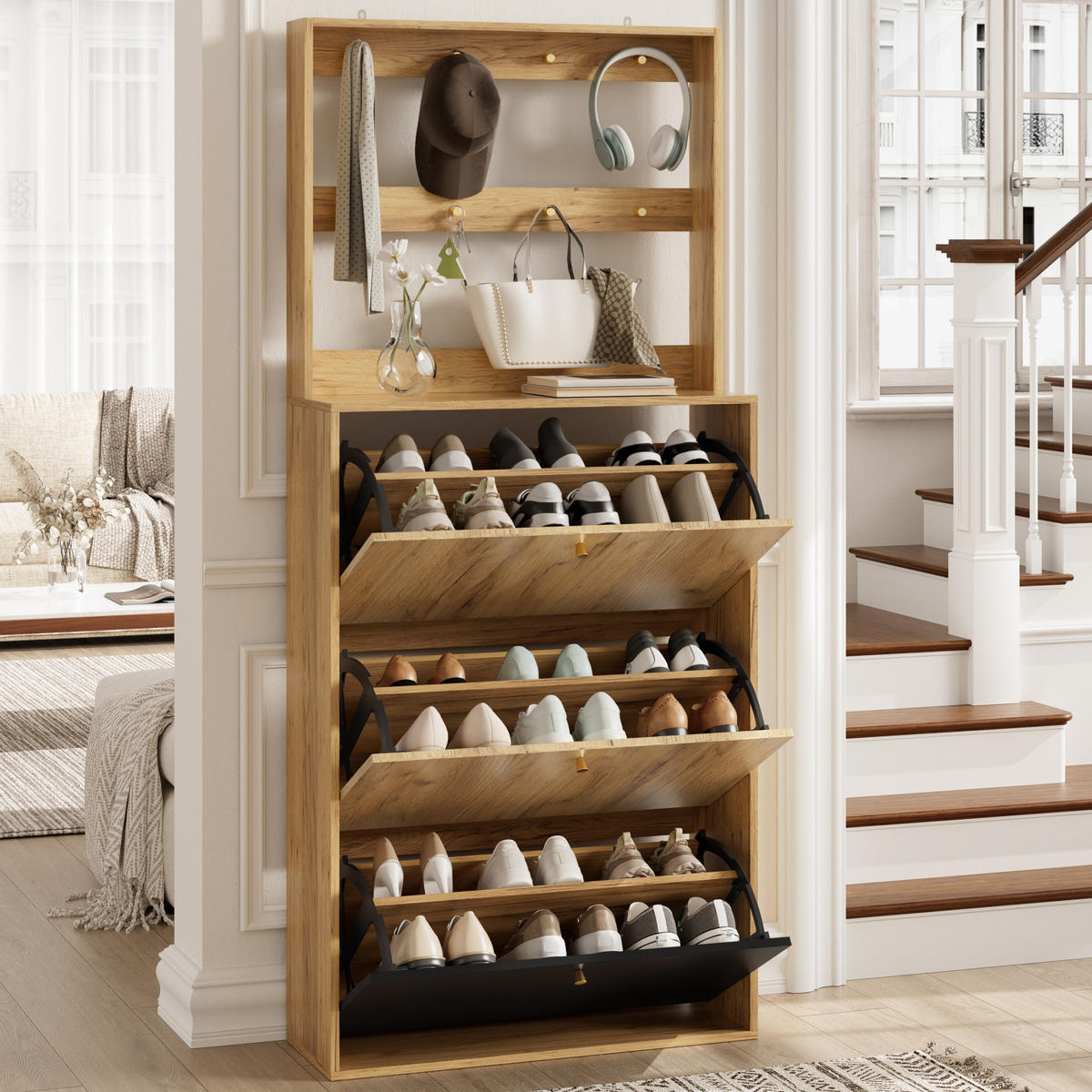 SCHUHSCHRANK Holzoptik Schwarz mit Haken, Schuhkipper mit 3 Klappen für Flur - Naturfarben, Holz (75/180/24cm) - PARAFTA HOME