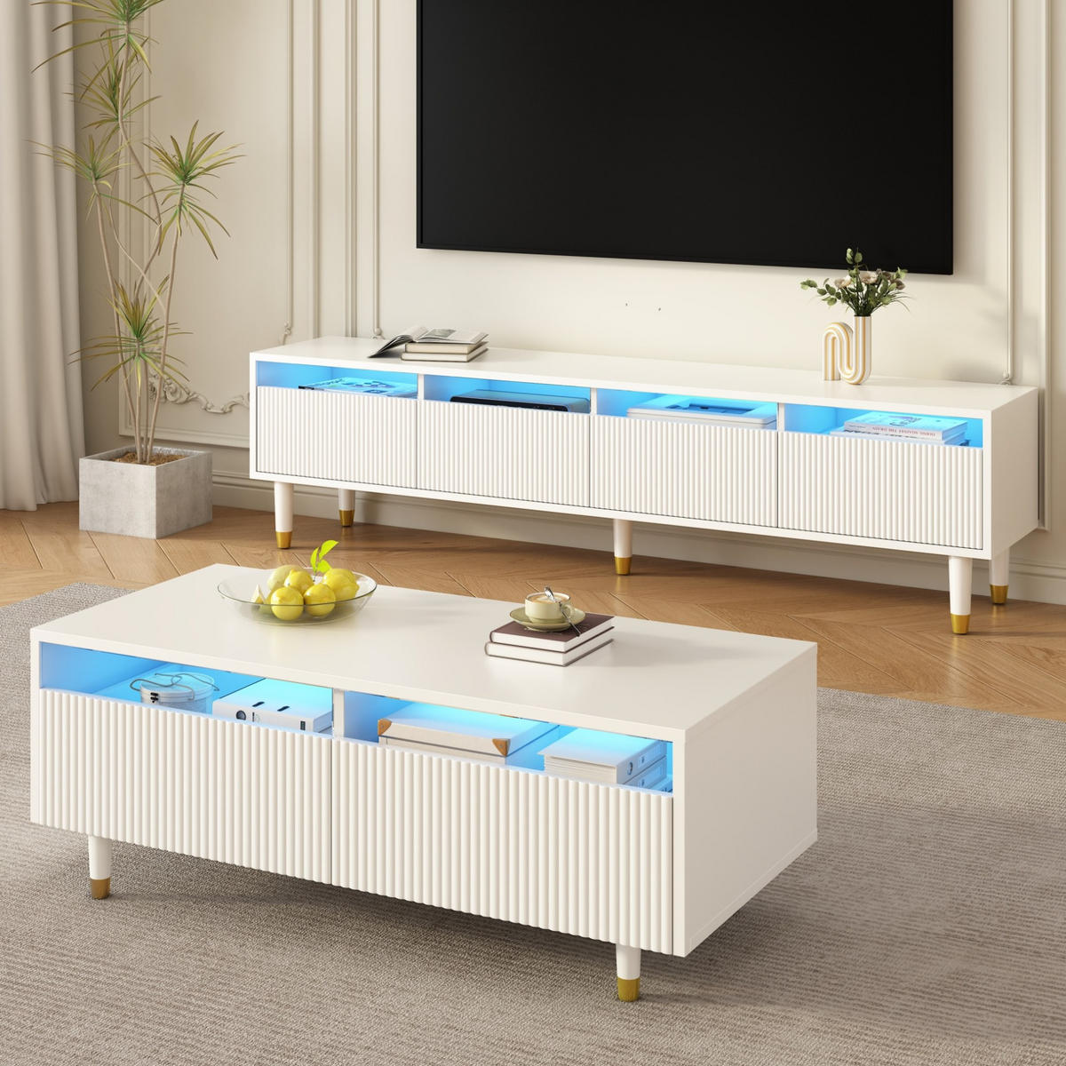 OBÝVACÍ sestava z MDF 178x35x45 / 110x50x40 cm bílá s LED osvětlením, úložným prostorem a akrylovými prvky - bílá, kompozitní dřevo (178/35/45cm) - Modfu