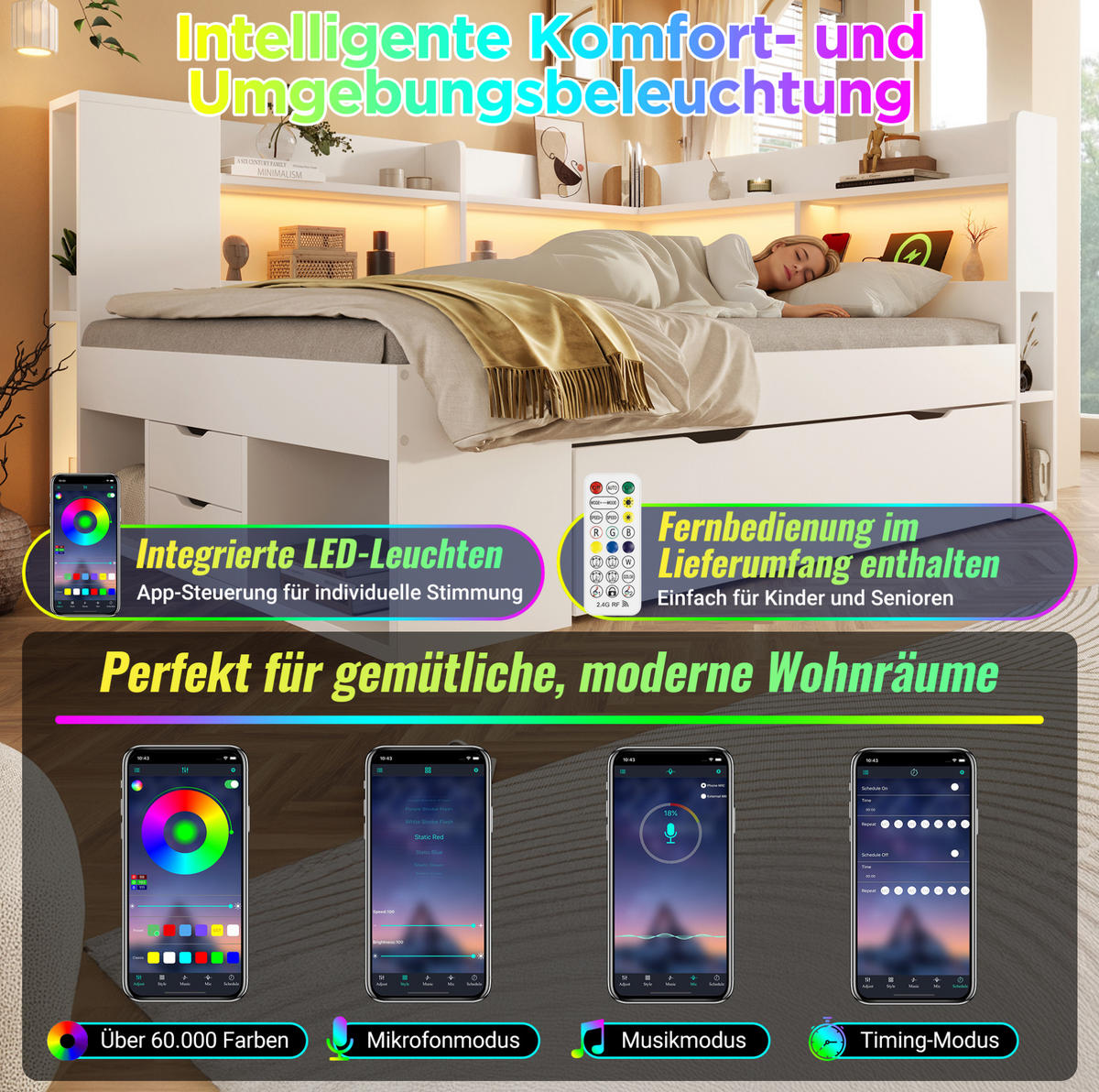 POLSTERBETT 140/200 cm mit LED-Beleuchtung, USB- und Typ-C-Anschluss, Stauraum und Lattenrost, Holzwerkstoff, Weiß - Weiß, Textil (140/200cm) - Redom