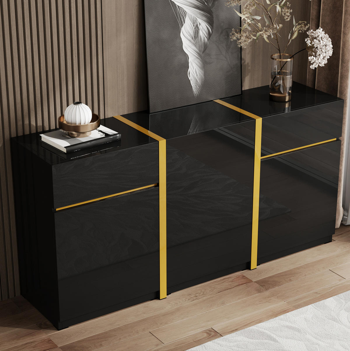 SIDEBOARD 160/40/78 cm in Schwarz Hochglanz mit 3 Türen & 2 Schubladen - Schwarz, Holzwerkstoff (160/78/40cm) - BEAOK