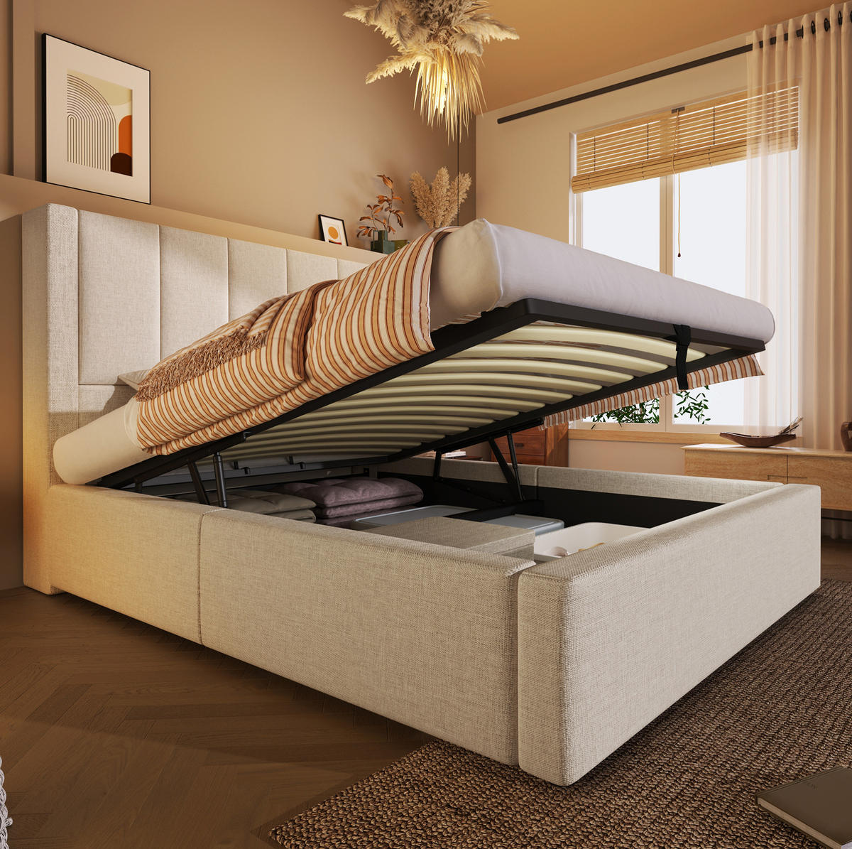POLSTERBETT 90/200 cm mit Ladestation, verstecktem Becherhalter und hydraulischem Stauraum, Leinen und Matratze, Beige - Beige, Textil (90/200cm) - Redom