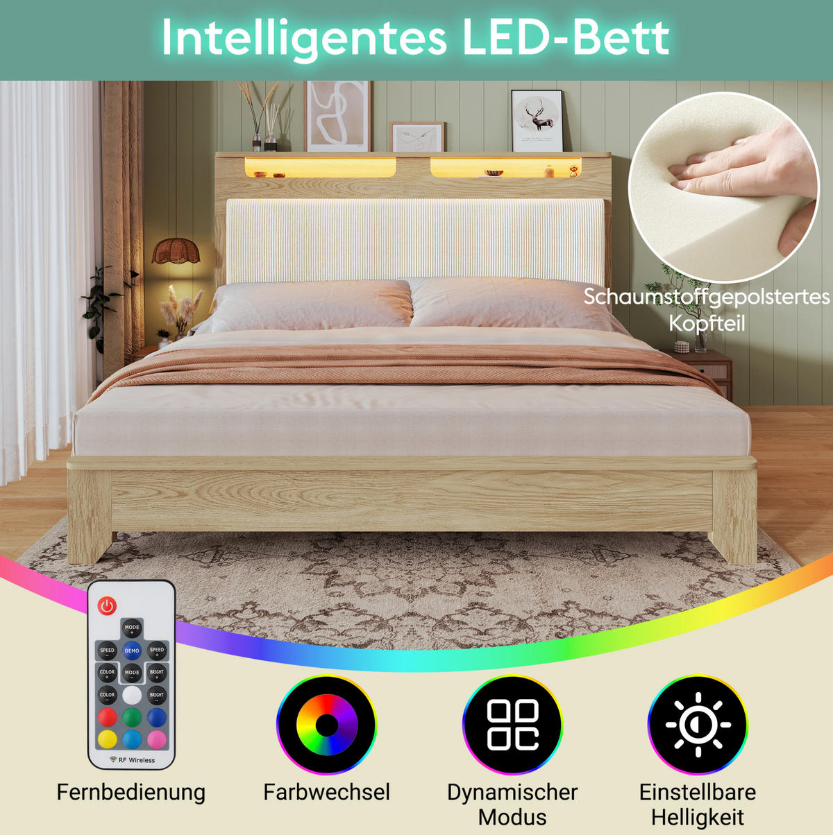 POLSTERBETT 140/200 cm in Eichefarben/Beige mit LED, Polsterbettbank und Matratze - Beige, Textil (140/200cm) - Flora Grace