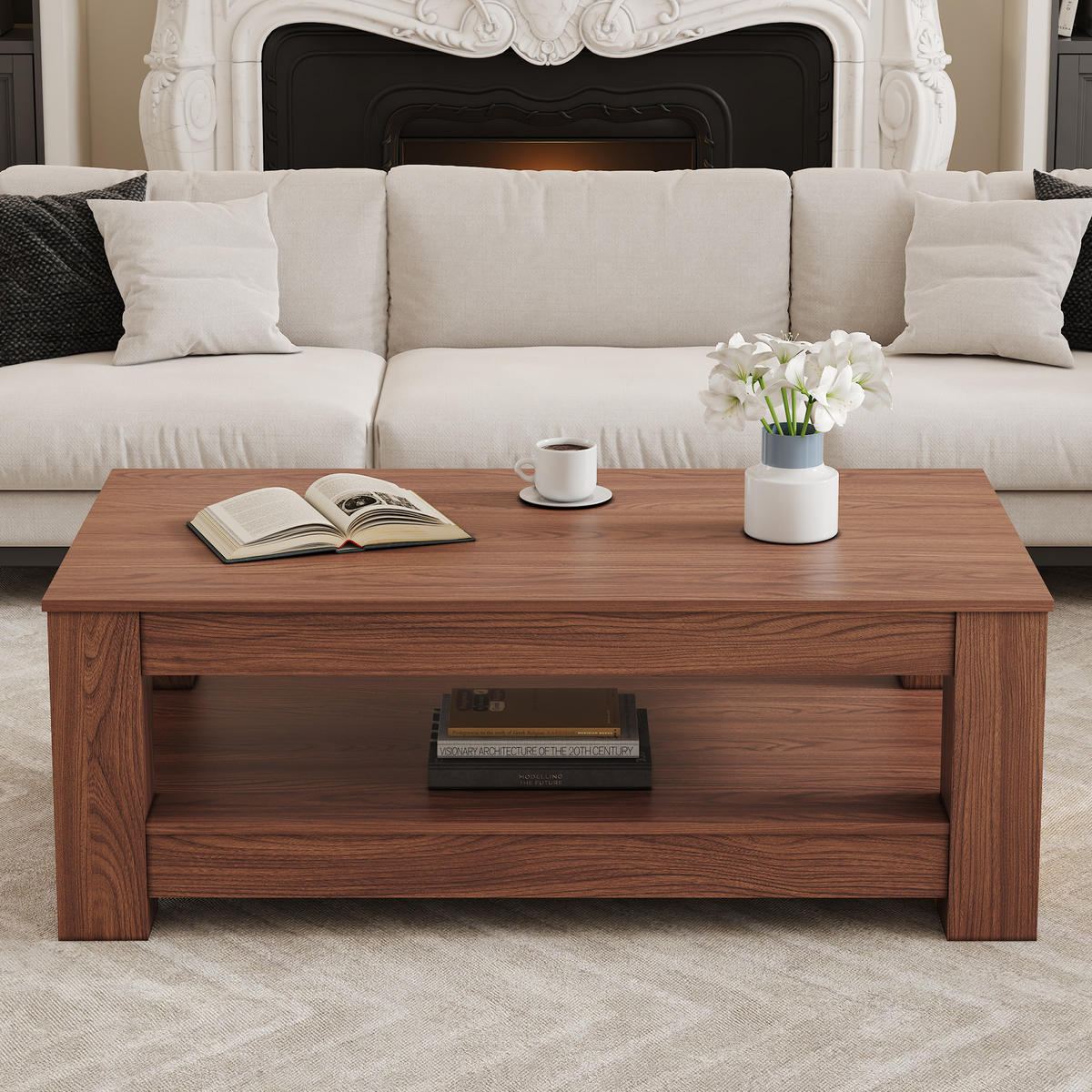 COUCHTISCH aus MDF in Walnuss 100x50x44.5 cm mit 2 Ebenen Stauraum - Walnussfarben, Holzwerkstoff (100/50/44.5cm) - Modfu