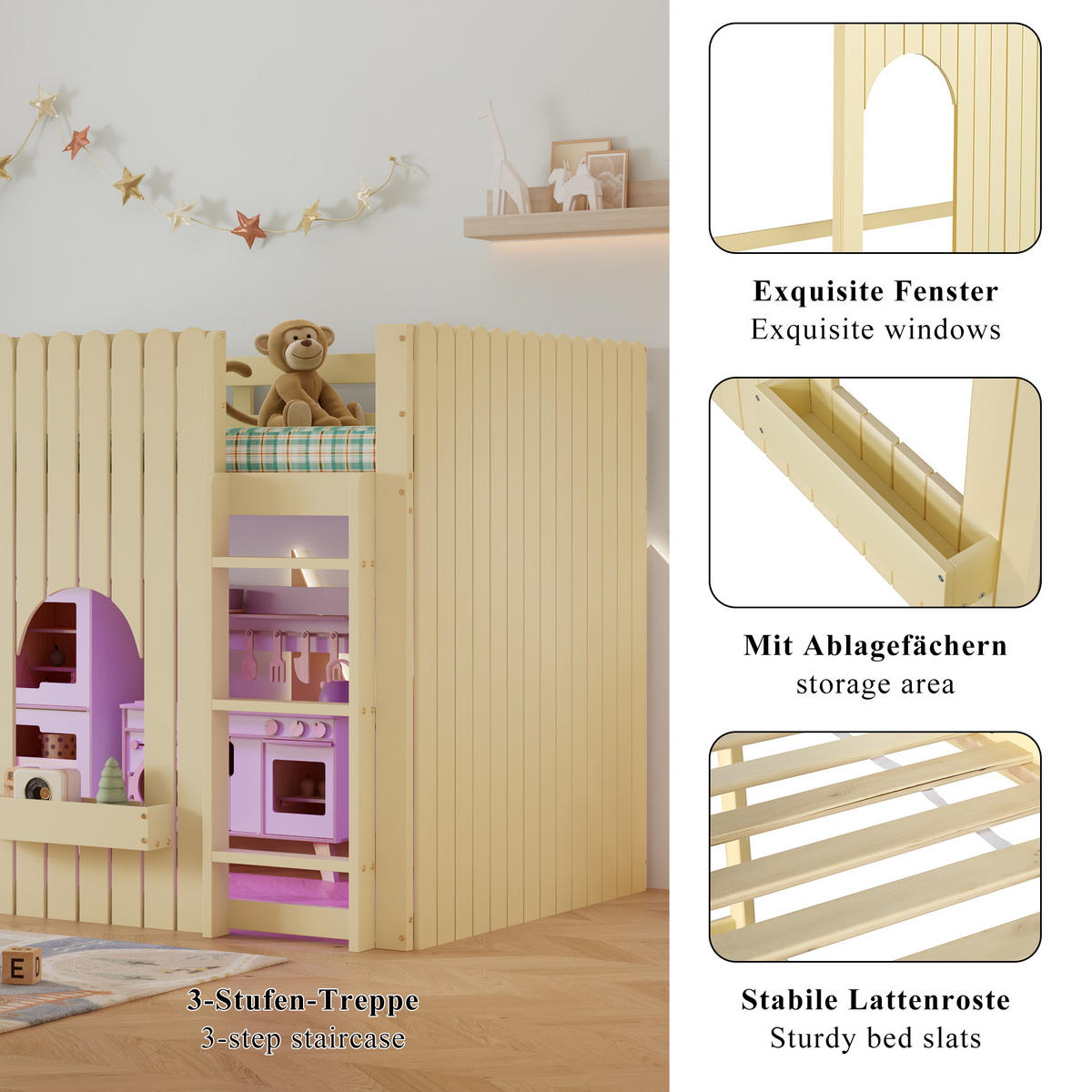 HOCHBETT 90/200 cm in Natur aus Kiefer und MDF mit LED, Leiter und Stauraum - Naturfarben, Holz/Holzwerkstoff (90/200cm) - WISHDOR