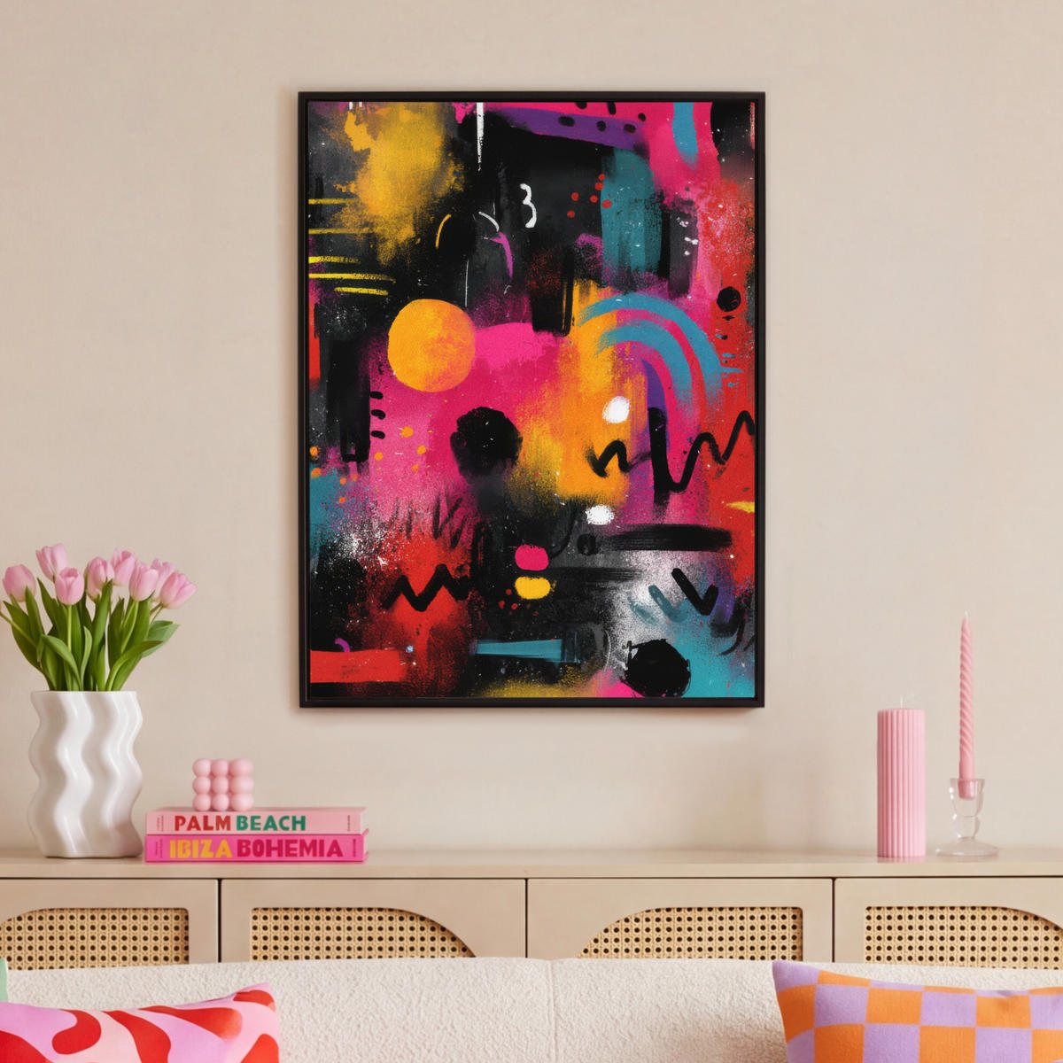 LEINWAND Bilder mit Rahmen - Farbflächen - Formen - Bunt - Abstrakt - 70x100 - Pink, Textil (70/100cm) - MuchoWow