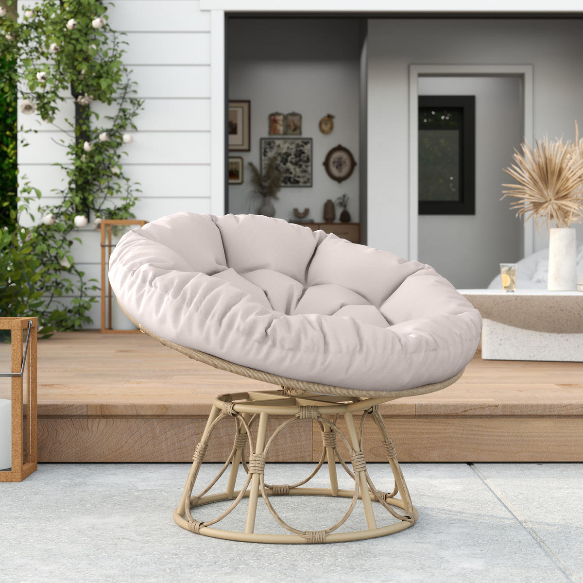 KORBSESSEL mit Sitzkissen aus Rattan - Hellgrau, Metall (78/76/90cm) - Outsunny