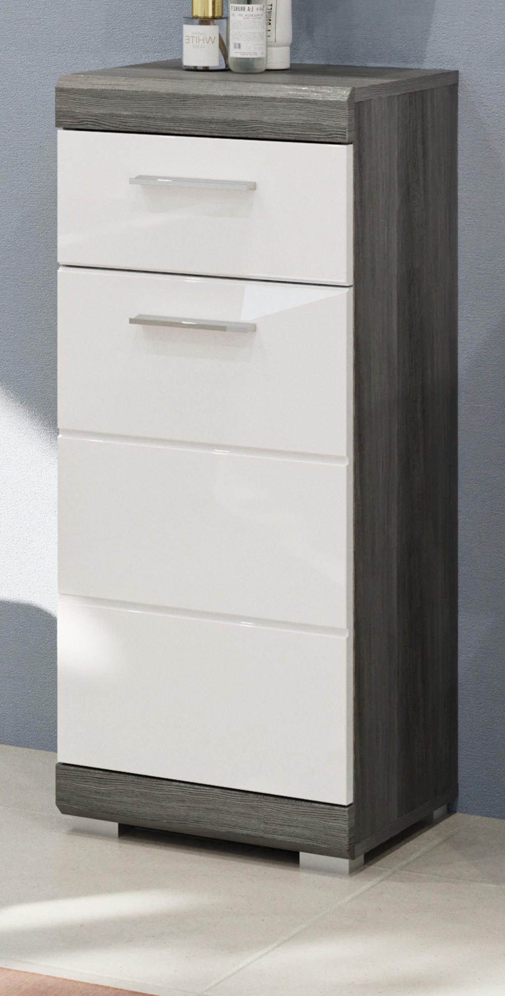 KOMMODE weiß Hochglanz, grau 88 cm, Badkommode mit Vollauszug - Chromfarben/Weiß Hochglanz, Holzwerkstoff/Kunststoff (37/88/31cm) - Inn.Furn