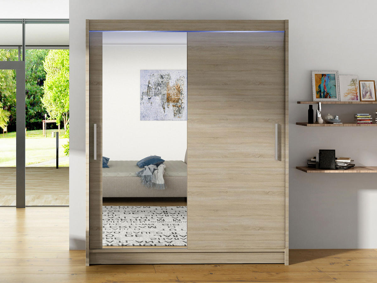 SCHWEBETÜRENSCHRANK Westa VI, mit RGB LED Beleuchtung - Silberfarben/Sonoma Eiche, Holzwerkstoff/Metall (150/200/58cm) - MIRJAN24