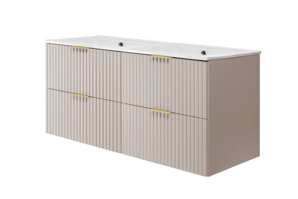 WASCHBECKUNTERSCHRANK, Kaschmir, 120 (2 x 60) x 57 x 46 cm, Griff Gold, ohne Arbeitsplatte - Beige/Goldfarben, Holzwerkstoff (120/57/46cm) - 3XE LIVING