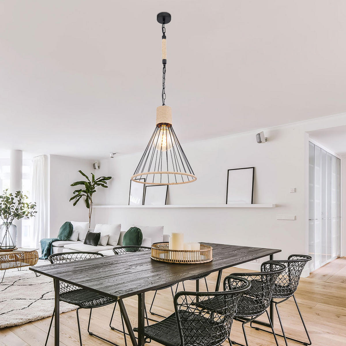 LED HÄNGELEUCHTE Hanfseil Schwarz - Schwarz, Metall (35/35/140cm) - Globo Lighting