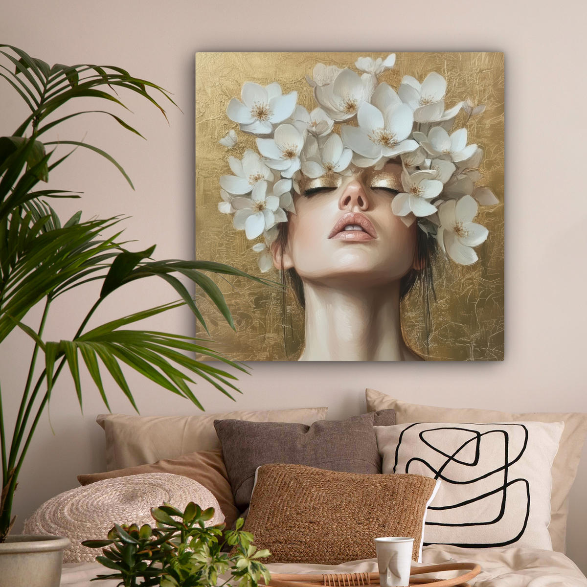 LEINWANDBILD Gesicht - Blumen - Gold - Abstrakt Deko Groß 90x90 cm - Goldfarben, Textil (90/90cm) - MuchoWow