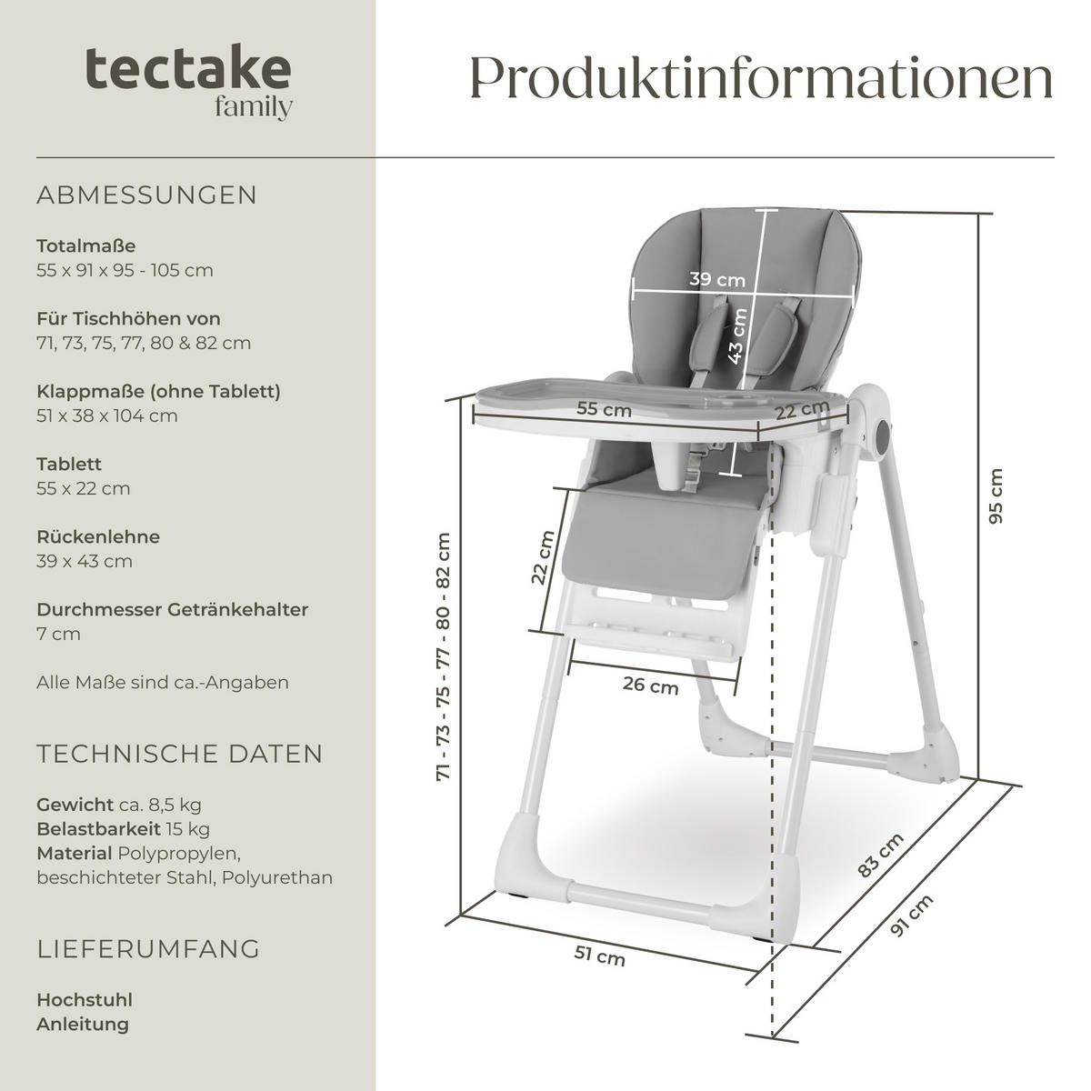 HOCHSTUHL Sophia,Belastbarkeit 15 kg, 55 x 91 x 95 cm,weiß - Weiß, Textil (55/95/91cm) - tectake