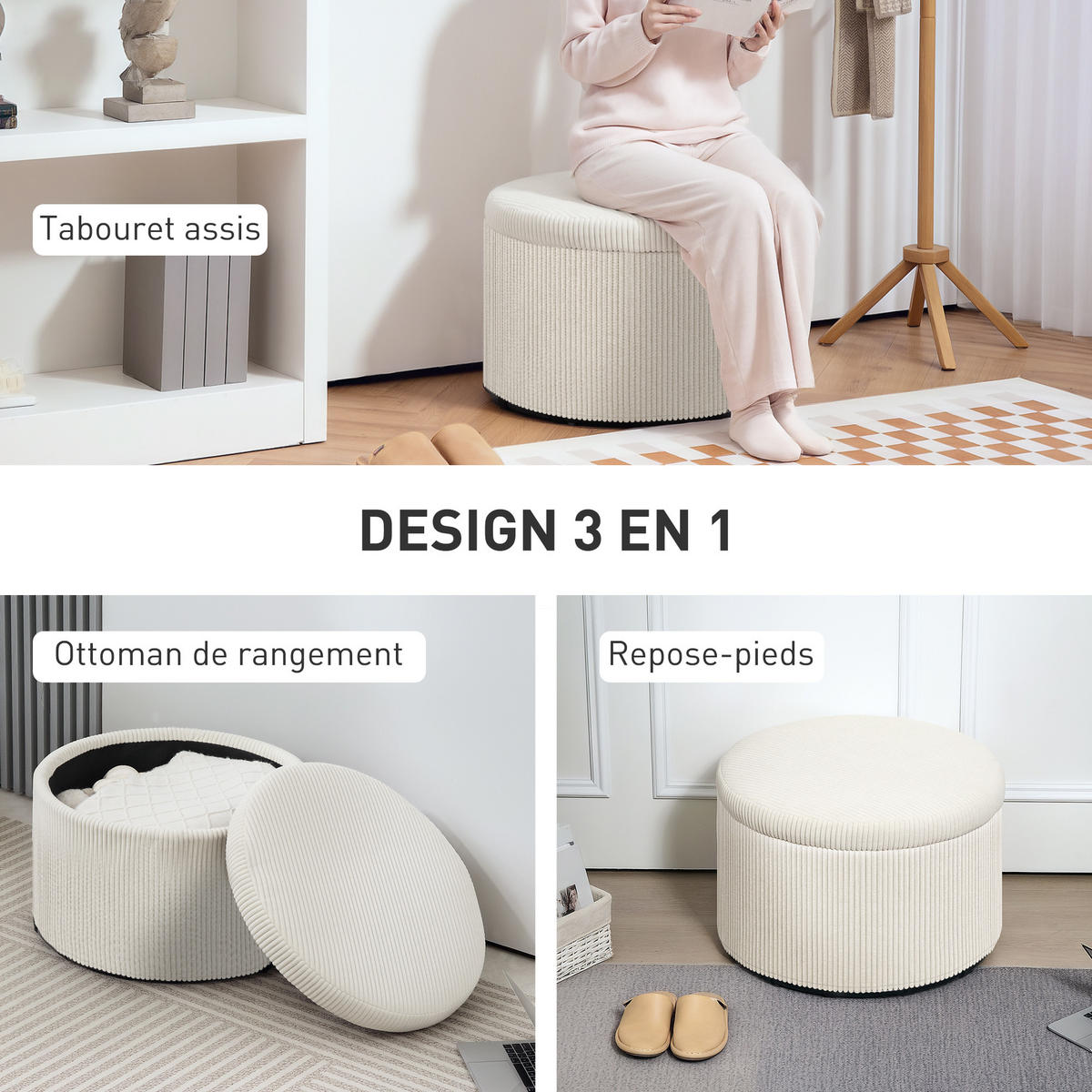 POUF DE-16406 mit Stauraum und Rippenvelours Beige - Beige, Textil (60/41/60cm) - ComfortXL
