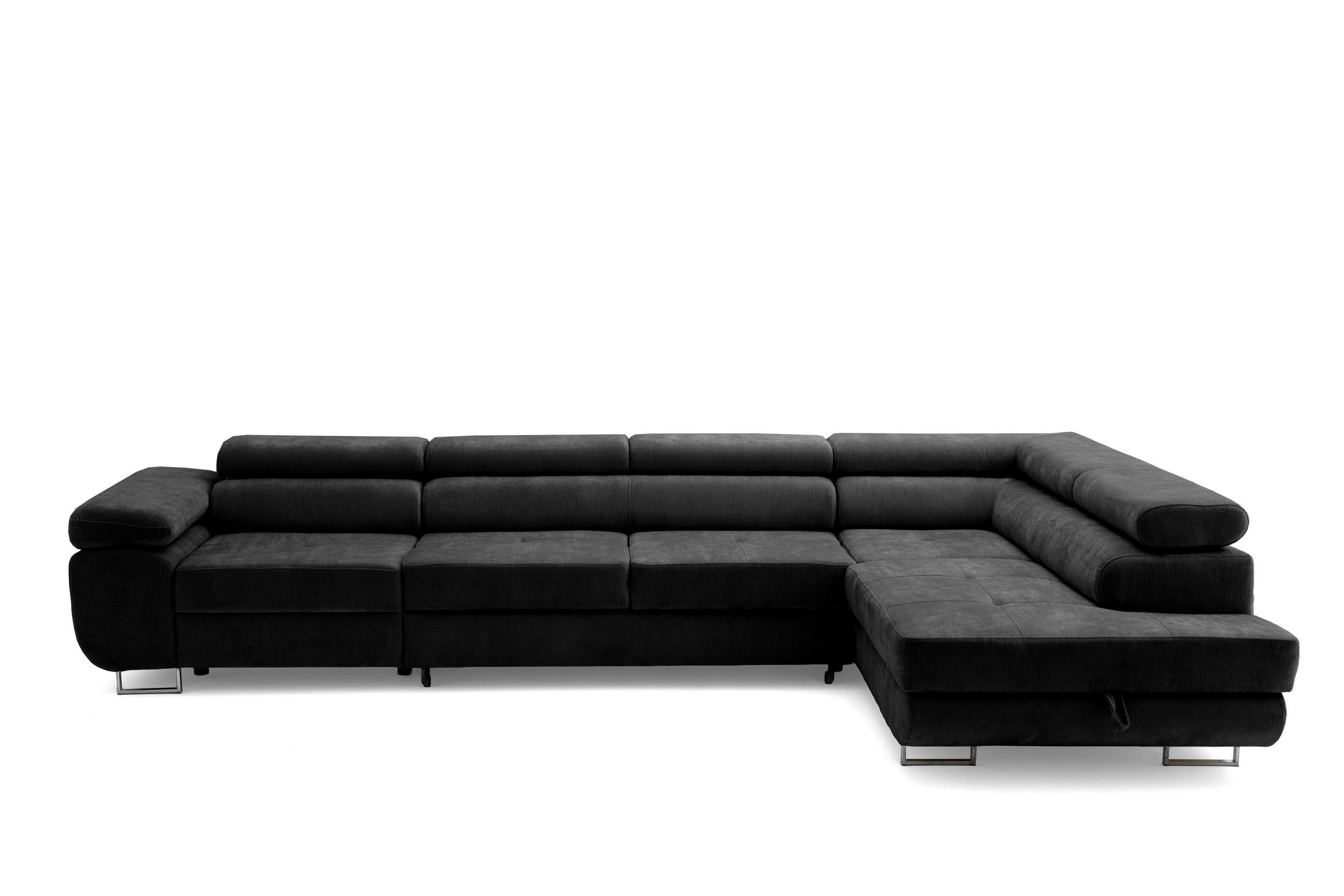 ECKSOFA WILD MAXI L Rechts mit Schlaffunktion 125x195 Chenille Schwarz - Chromfarben/Schwarz, Holz/Textil (203/350cm) - Muffo