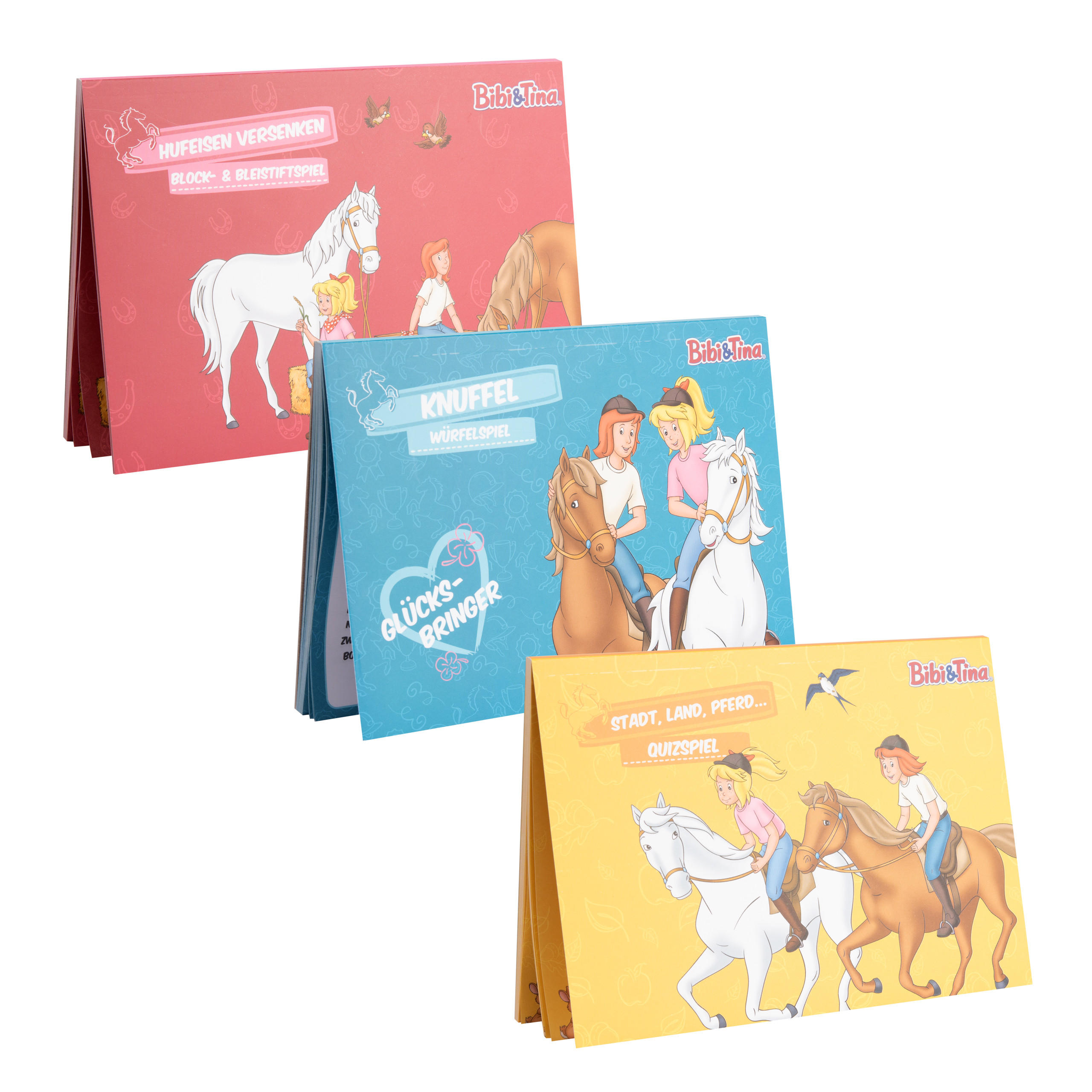 REISESPIEL Bibi & Tina Spielblock 3er Set (Hufeisen versenken, Knuffel, Stadt, Land, Pferd) je 50 Blatt - Multicolor, Papier (21/14.8cm) - United Labels