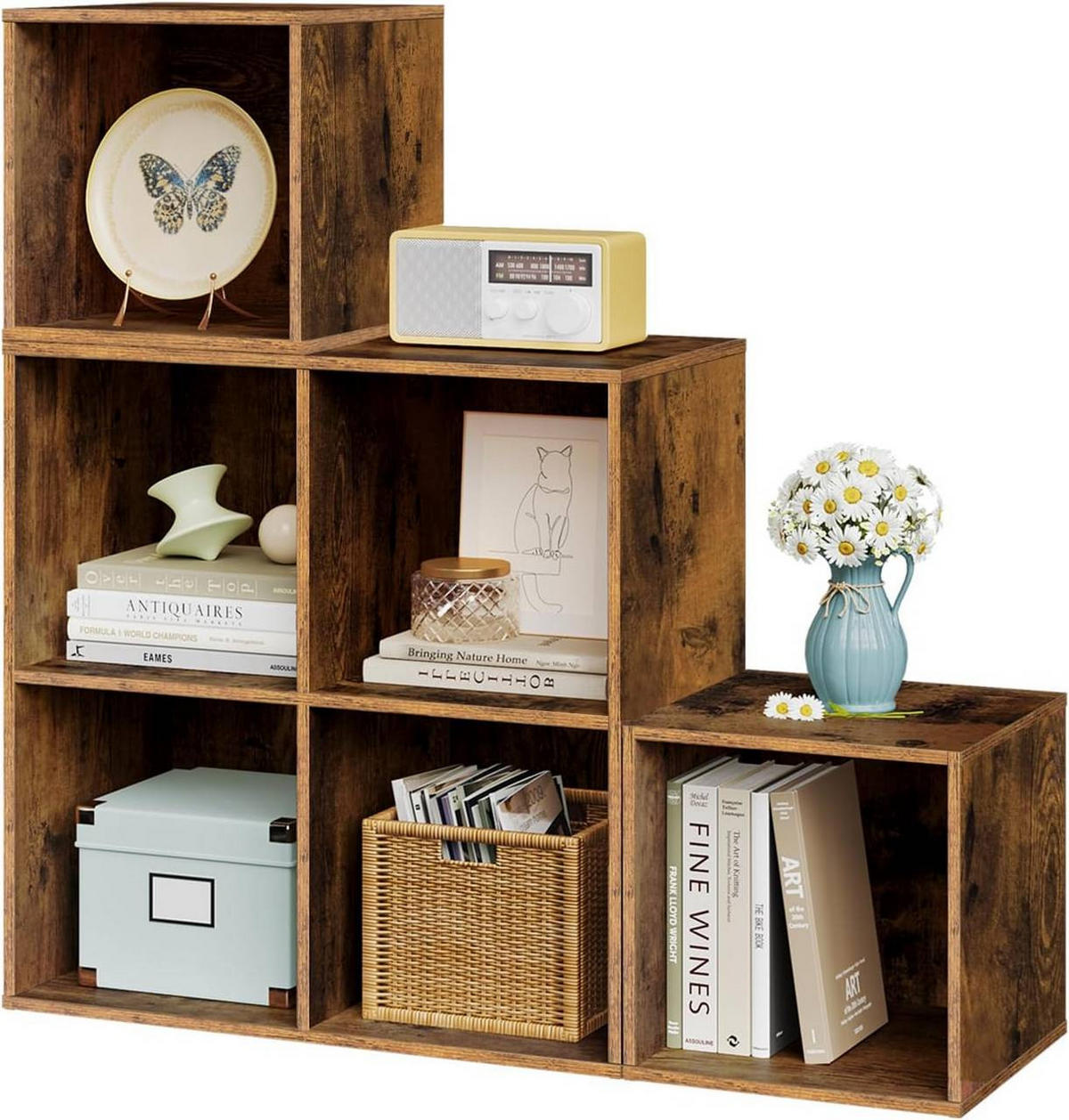 REGAL Bücherregal mit 6 Fächern, Stufenregal, 90x90x30 cm, Vintagebraun - Dunkelbraun, Holzwerkstoff (90/90/30cm) - Woltu