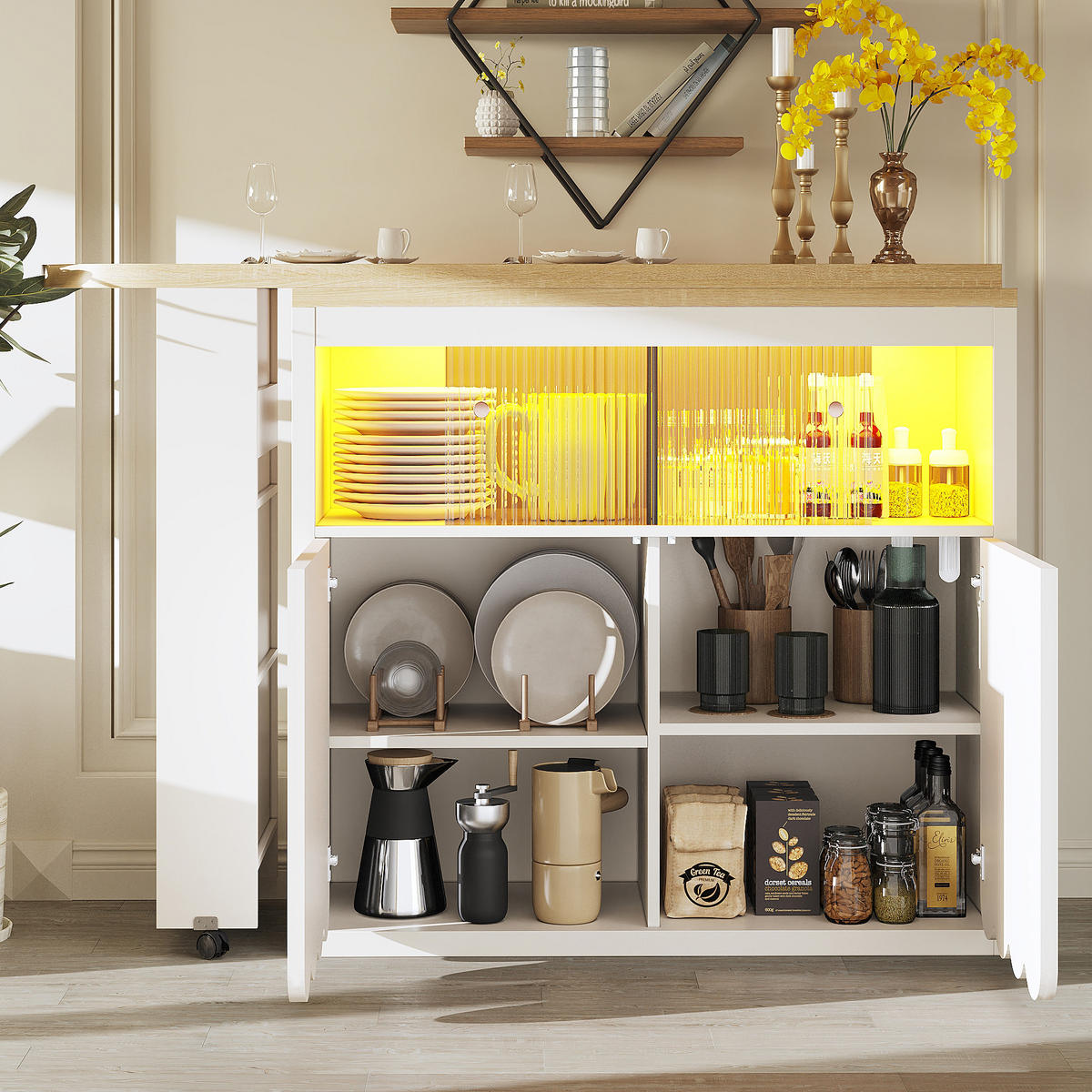 BARTISCH Ausziehbar 135-205cm LED Stauraum Weiß - Weiß, Glas (39/135/100cm) - FLIEKS