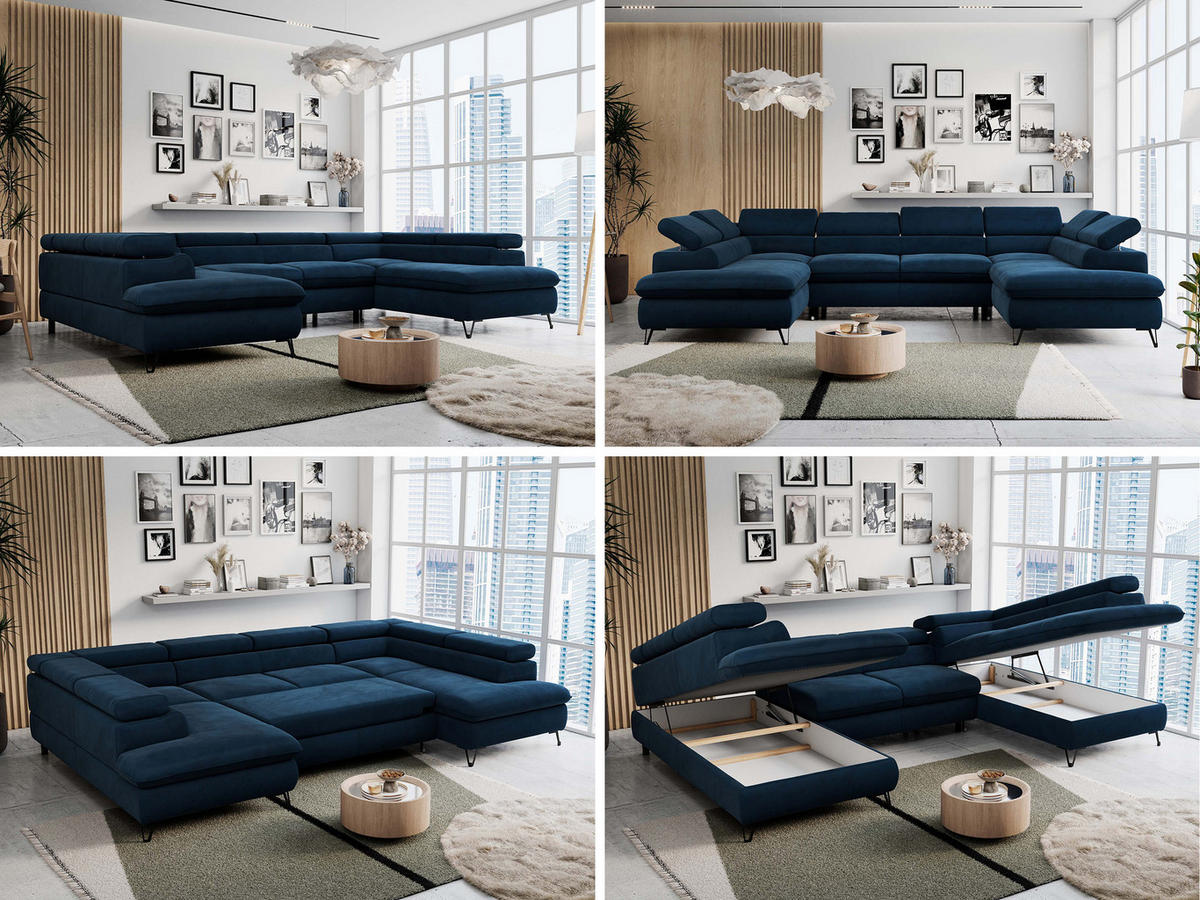 WOHNLANDSCHAFT PETER U Velvet Dunkelblau - Schwarz/Dunkelblau, Textil/Metall (346/76/208cm) - MKS