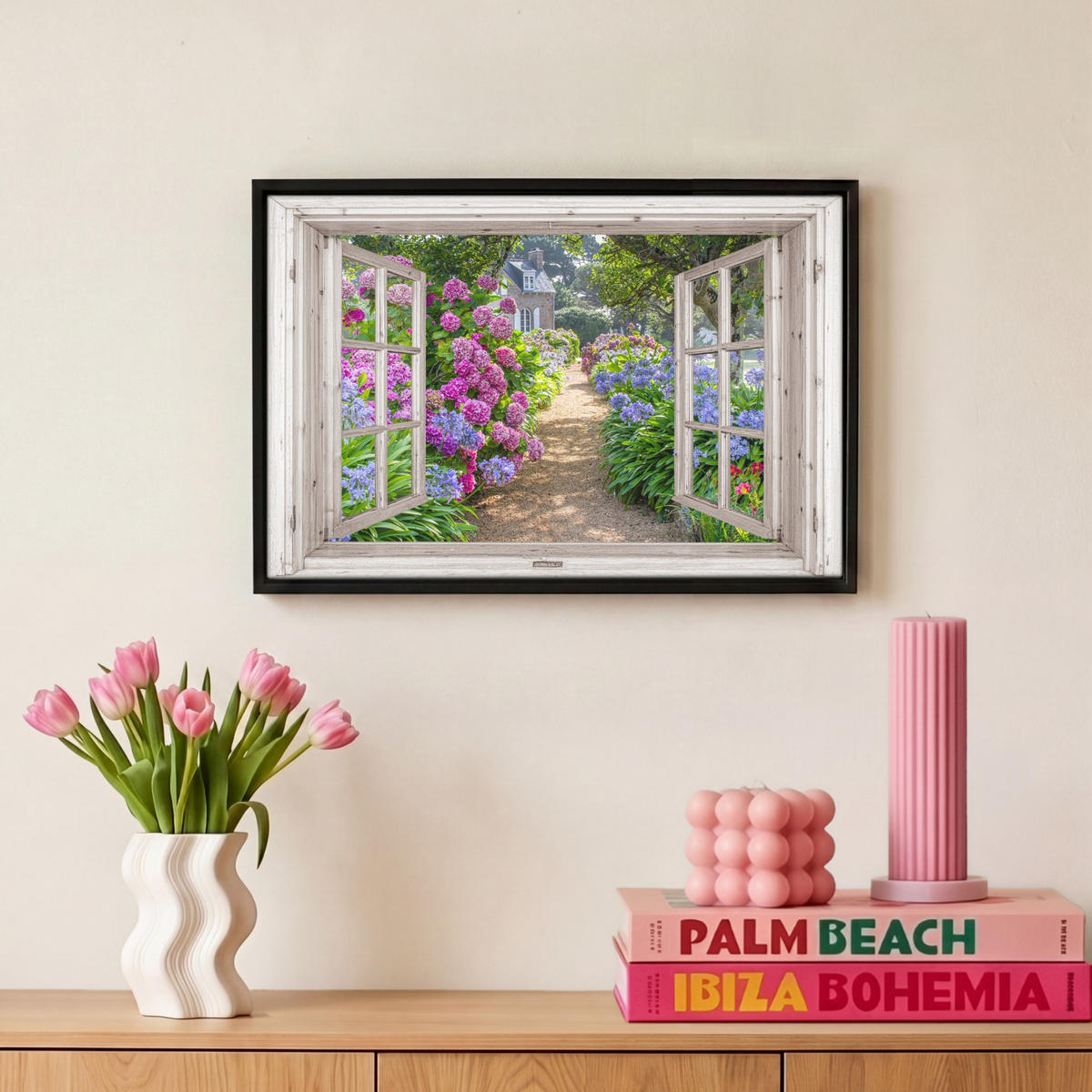 LEINWAND Bilder mit Rahmen - Hortensie - Durchsichtig - Blumen - Sommer - Lila - Weg - 30x20 - Lila, Textil (30/20cm) - MuchoWow