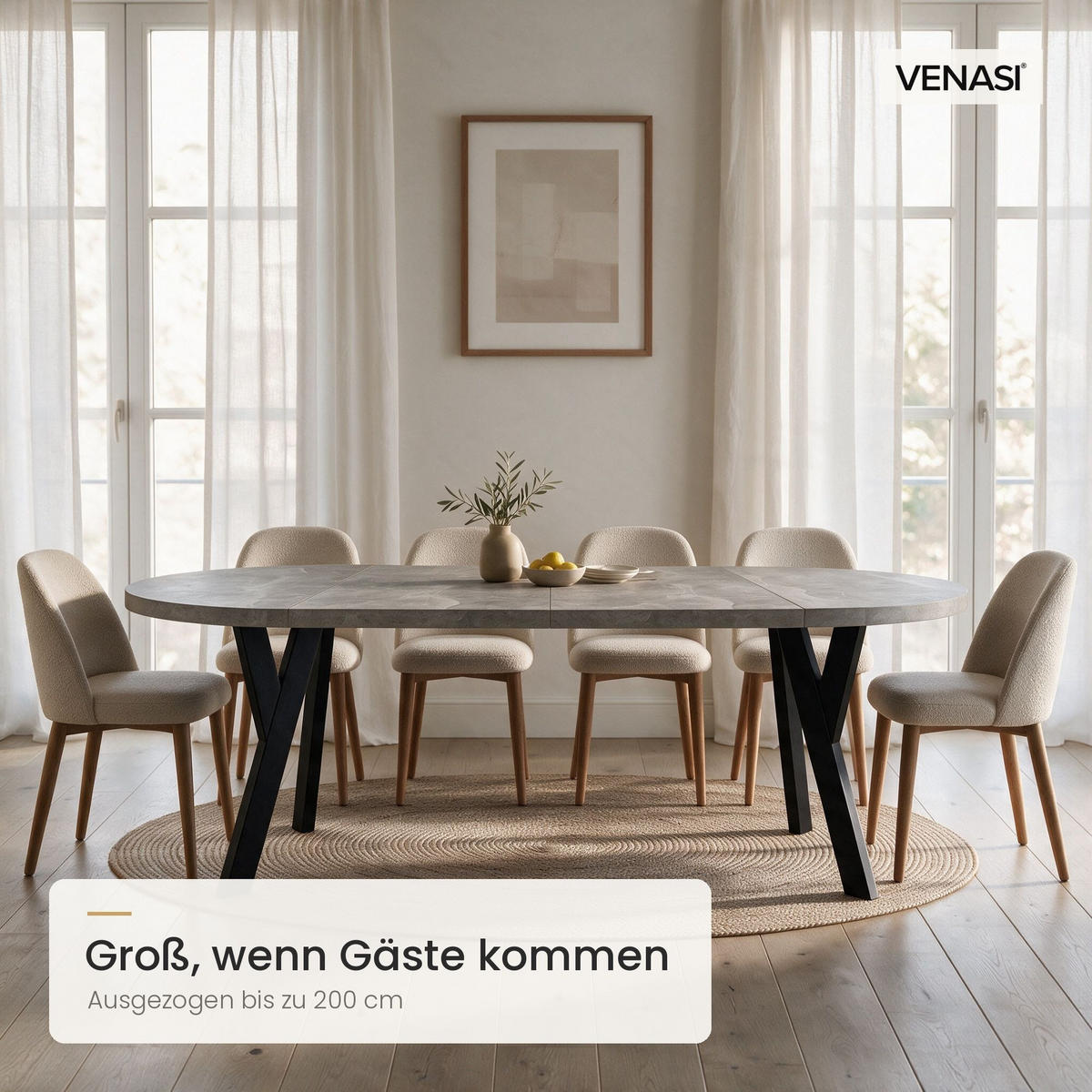 ESSTISCH ausziehbar rund 100-200 cm ATO Beton, Auszugstisch mit Einlegeplatte - Schwarz/Grau, Holzwerkstoff (100/100/77cm) - VENASI MÖBEL