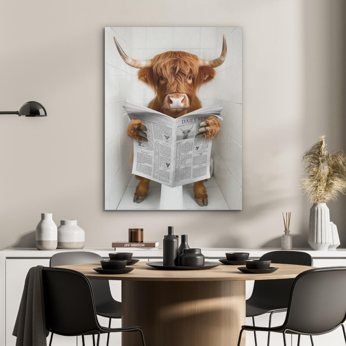 AKUSTIKPANEEL Schottisches Hochlandrind - Tier - Zeitung - Toilette 60x80 cm - Kastanienfarben, Textil (60/0.9/80cm) - MuchoWow