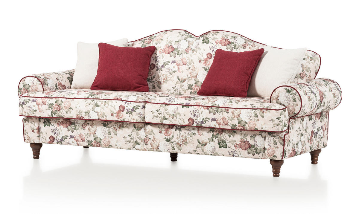 SOFA 3,5-SITZER creme Landhaus, Blumen Design, Couch 228 cm - Beige/Rot, Holz/Textil (228/96/90cm) - Furn.Design
