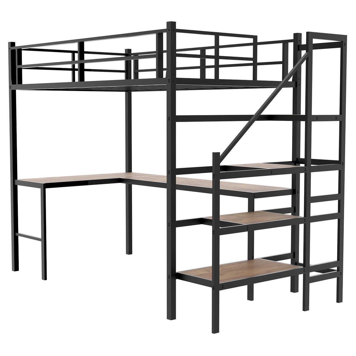 HOCHBETT mit L-förmigem Schreibtisch, Treppe und Stauraum, Metall, Schwarz - Schwarz, Metall (90/190cm) - MIVRAY