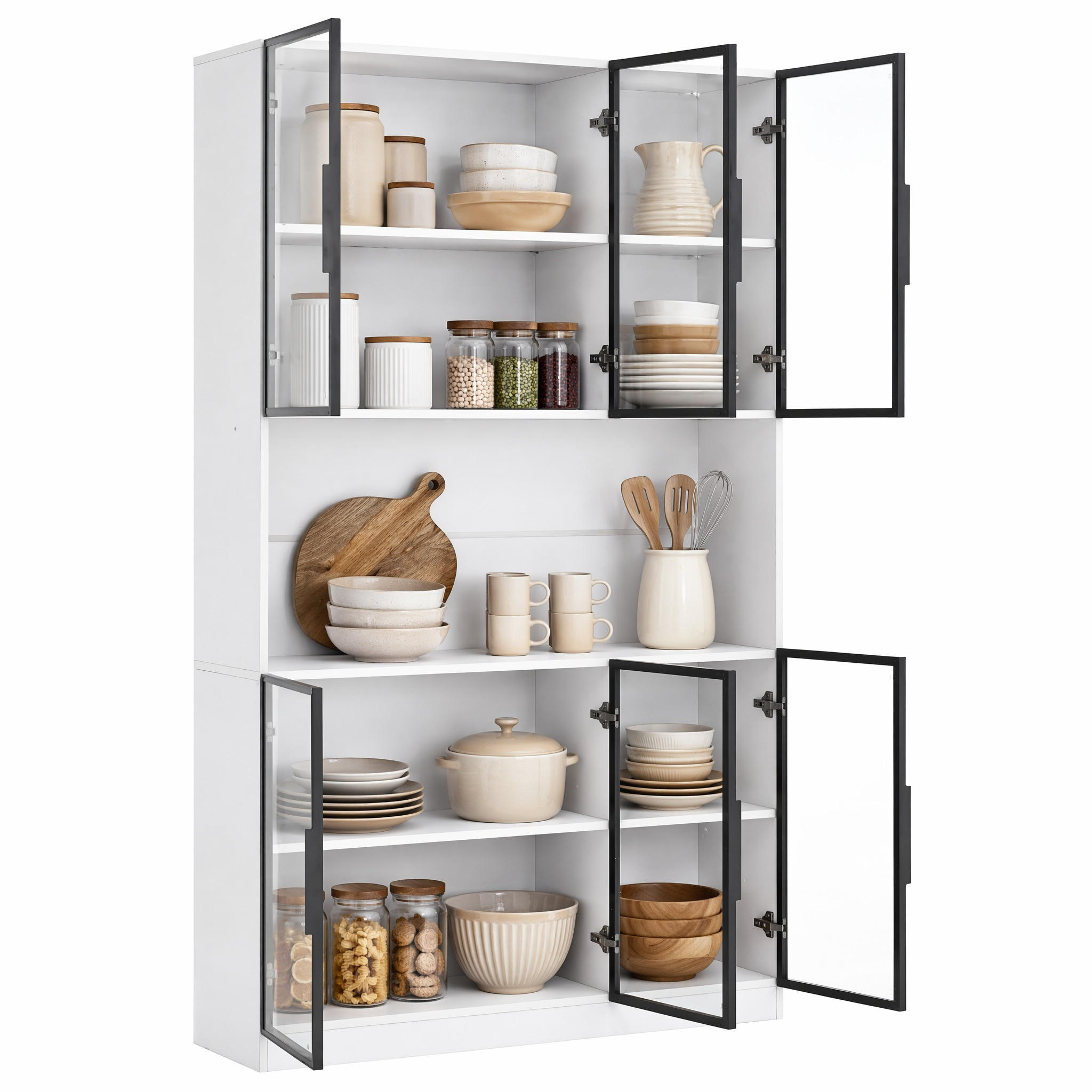 VITRINE in Weiß Highboard mit 6 Türen, LED & Glasfront, Hochschrank für Wohnzimmer/Esszimmer, B120/T34/H200cm - Weiß, Glas/Holzwerkstoff (120/200/34cm) - STILVORA