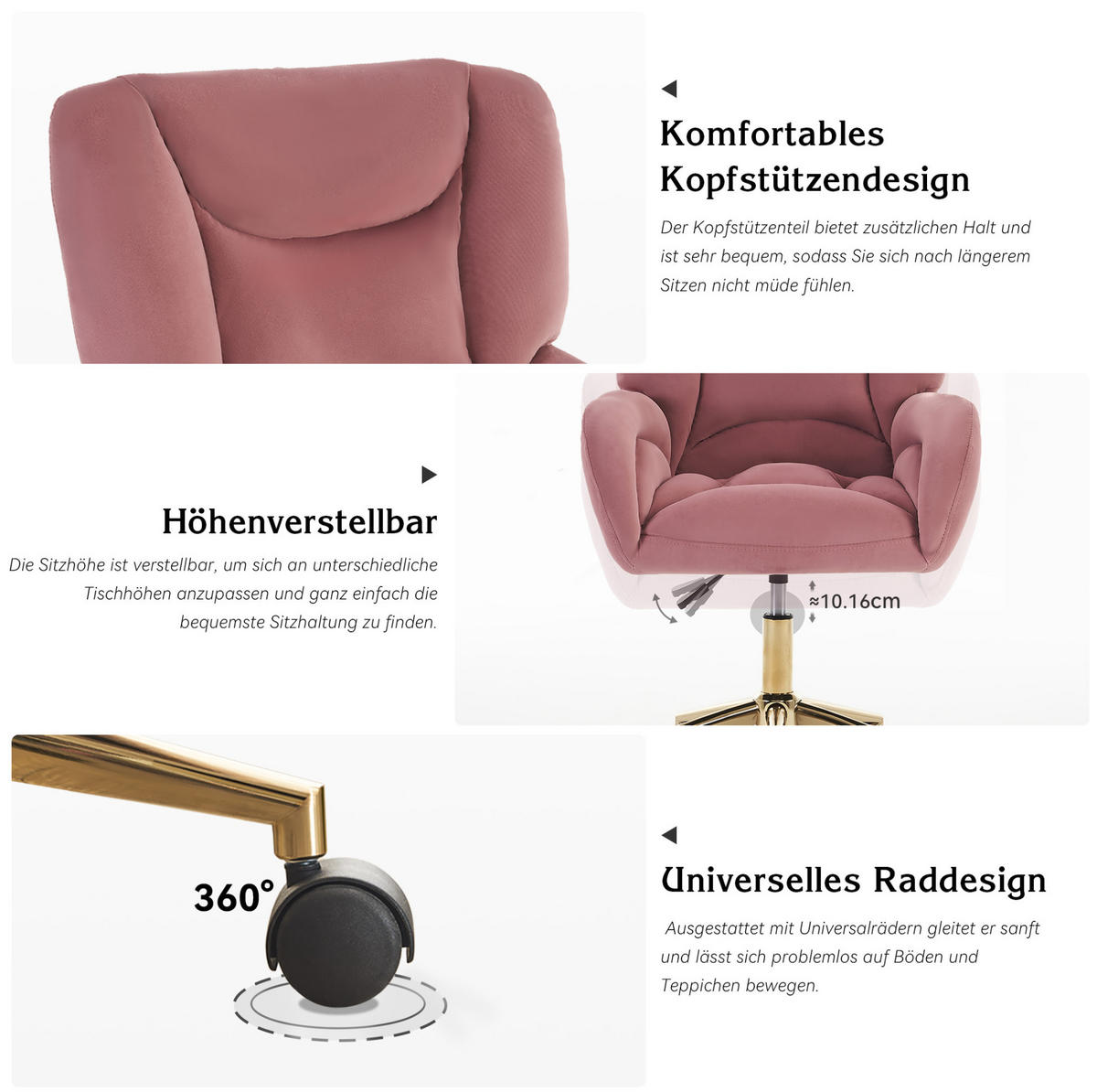 DREHSTUHL höhenverstellbar 64 x 62 x 92,5 cm Samt Pink - Pink, Metall (62/92.5/64cm) - Meubliv
