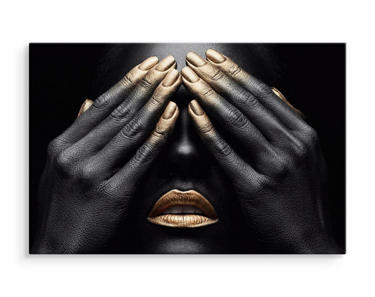 LEINWANDBILD Abstrakt Frau Gesicht goldenes Mund Finger 120/80 cm - Schwarz/Weiß, Textil (120/80cm) - Muralo