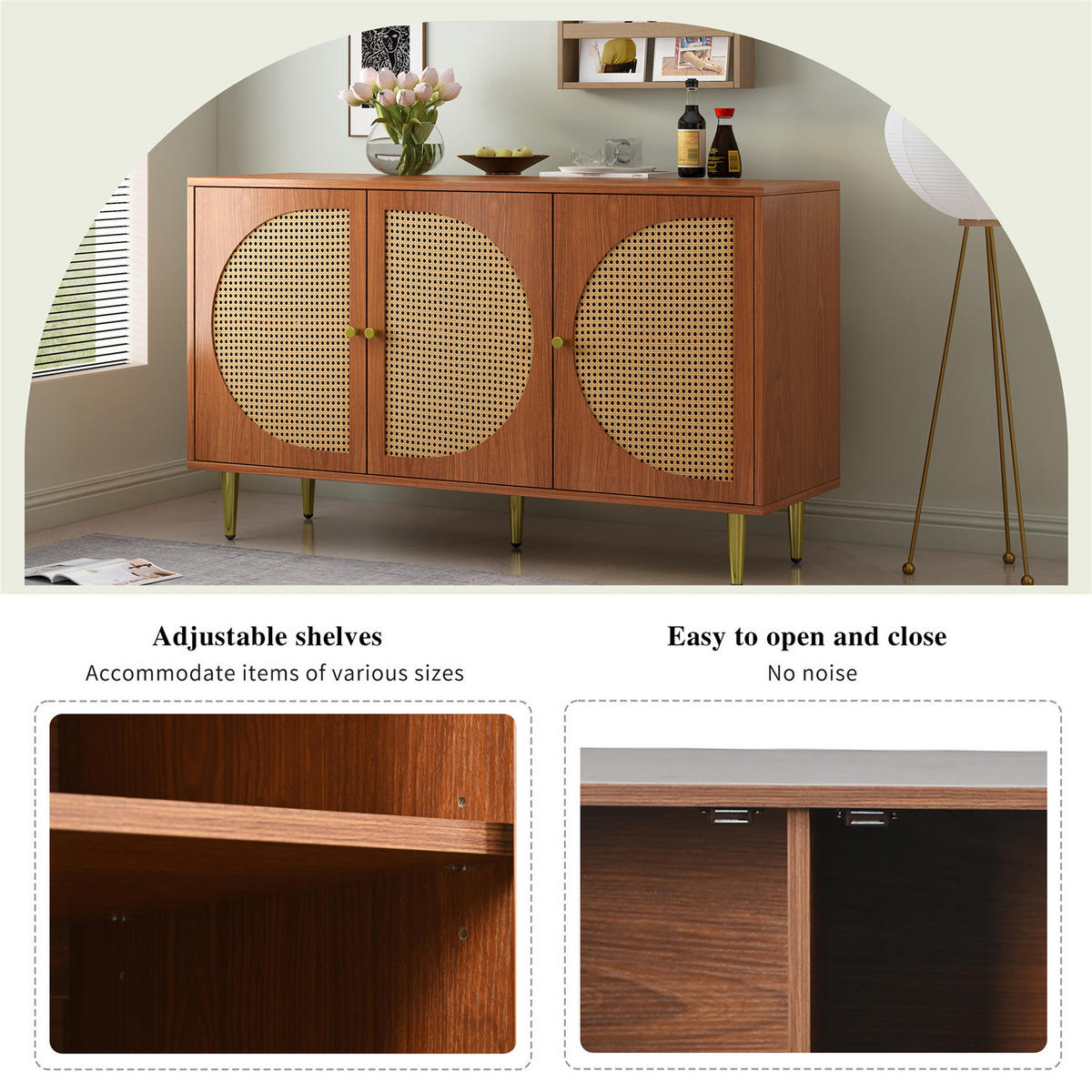 SIDEBOARD Nussbaum 129,8x76x40 cm mit Rattantüren - Braun, Holz (130/76/40cm) - Kaket