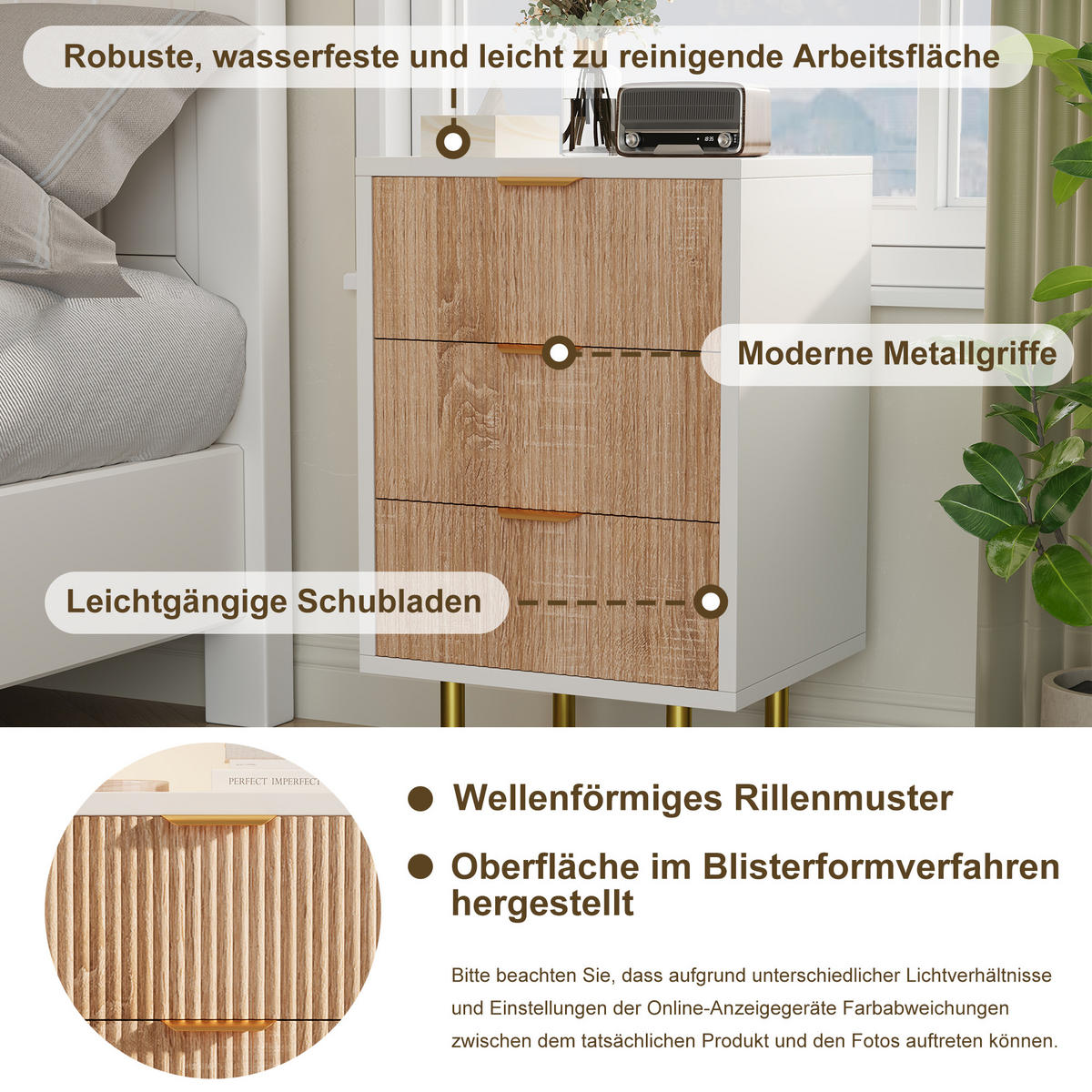 NACHTTISCH 2er Set 3 Schubladen Holz weiß Holzoptik - Weiß, Holz (40/65/40cm) - LEBENLANG