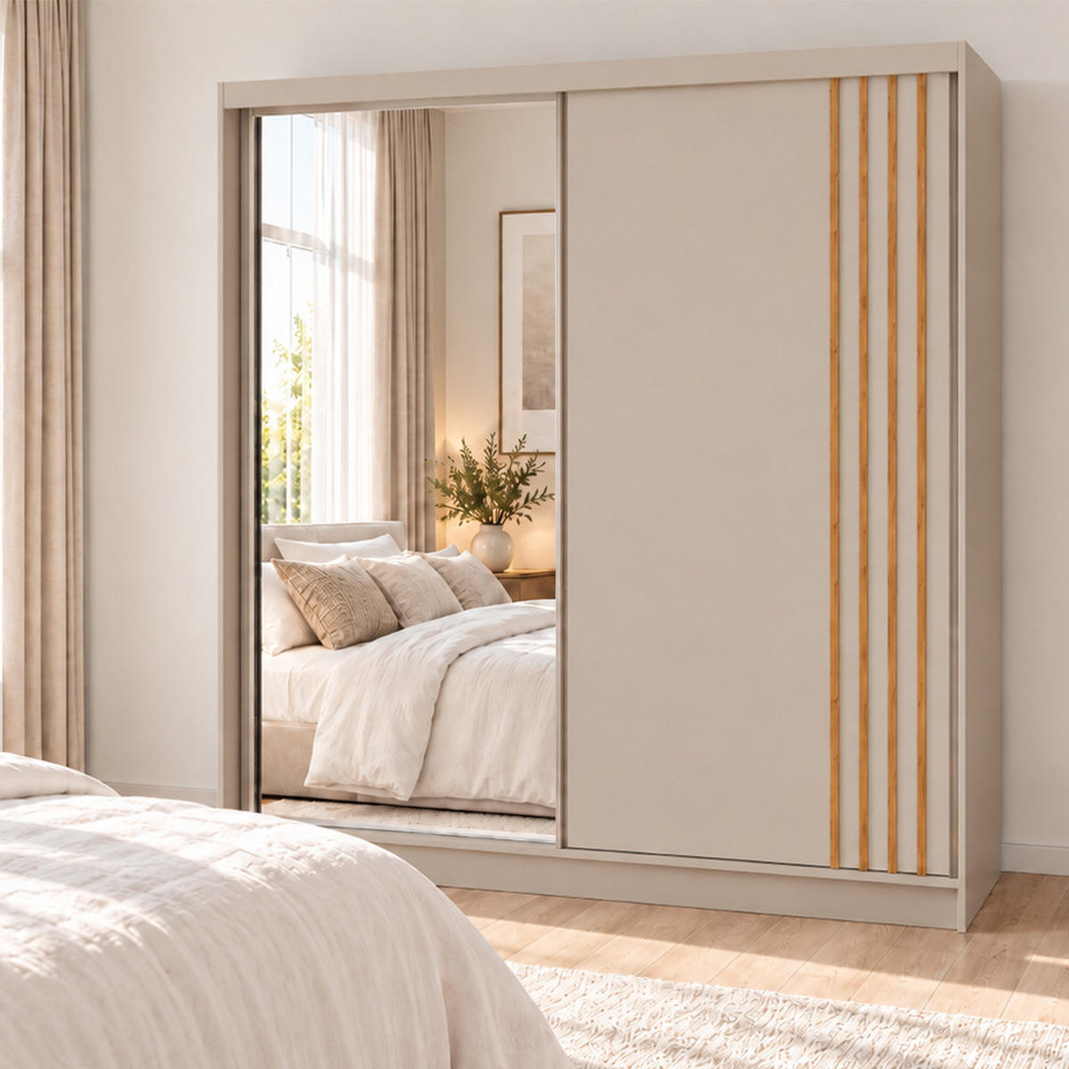KLEIDERSCHRANK Nila 200 cm Kaschmir Spiegel 2 Schubladen Griffe silber - Kaschmir, Holzwerkstoff (200/216/61cm) - KS Home Concept