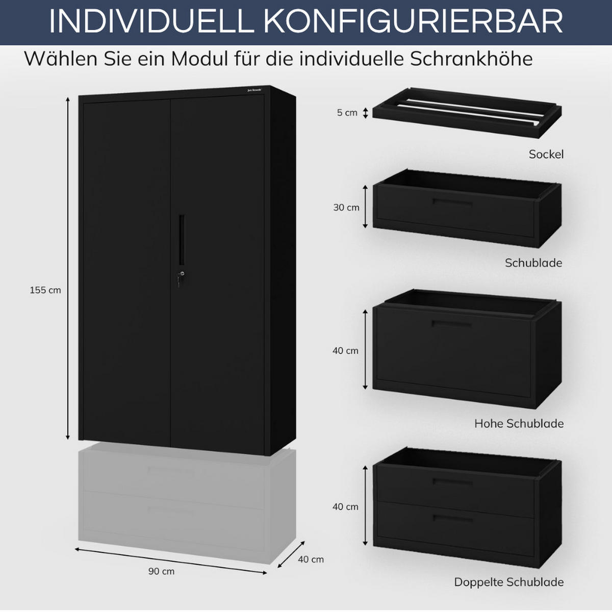 METALLSCHRANK mit Einzel-Schublade MEGAN 195x90x40cm Schwarz - Schwarz, Metall (90/195/40cm) - Jan Nowak