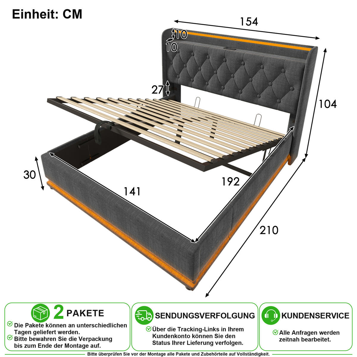 POLSTERBETT 140/190 cm in Grau Leinen mit Bettkasten, LED und USB Type-C - Grau, Holzwerkstoff/Textil (140/190cm) - CHICFURN