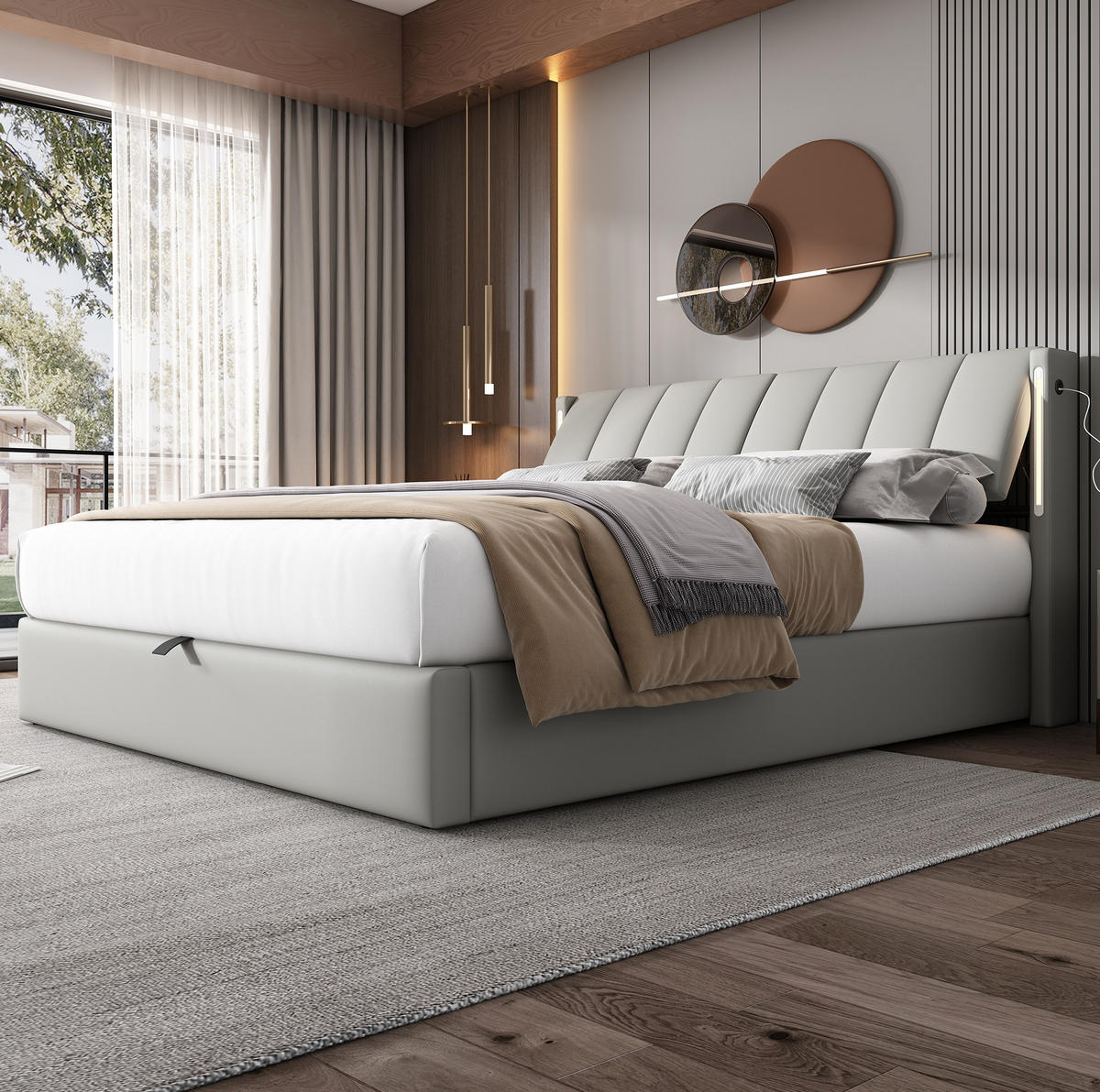 POLSTERBETT mit LED-Beleuchtung 140/200 cm in Grau mit Bettkasten und USB-Anschluss - Grau, Kunststoff (140/200cm) - BEAOK