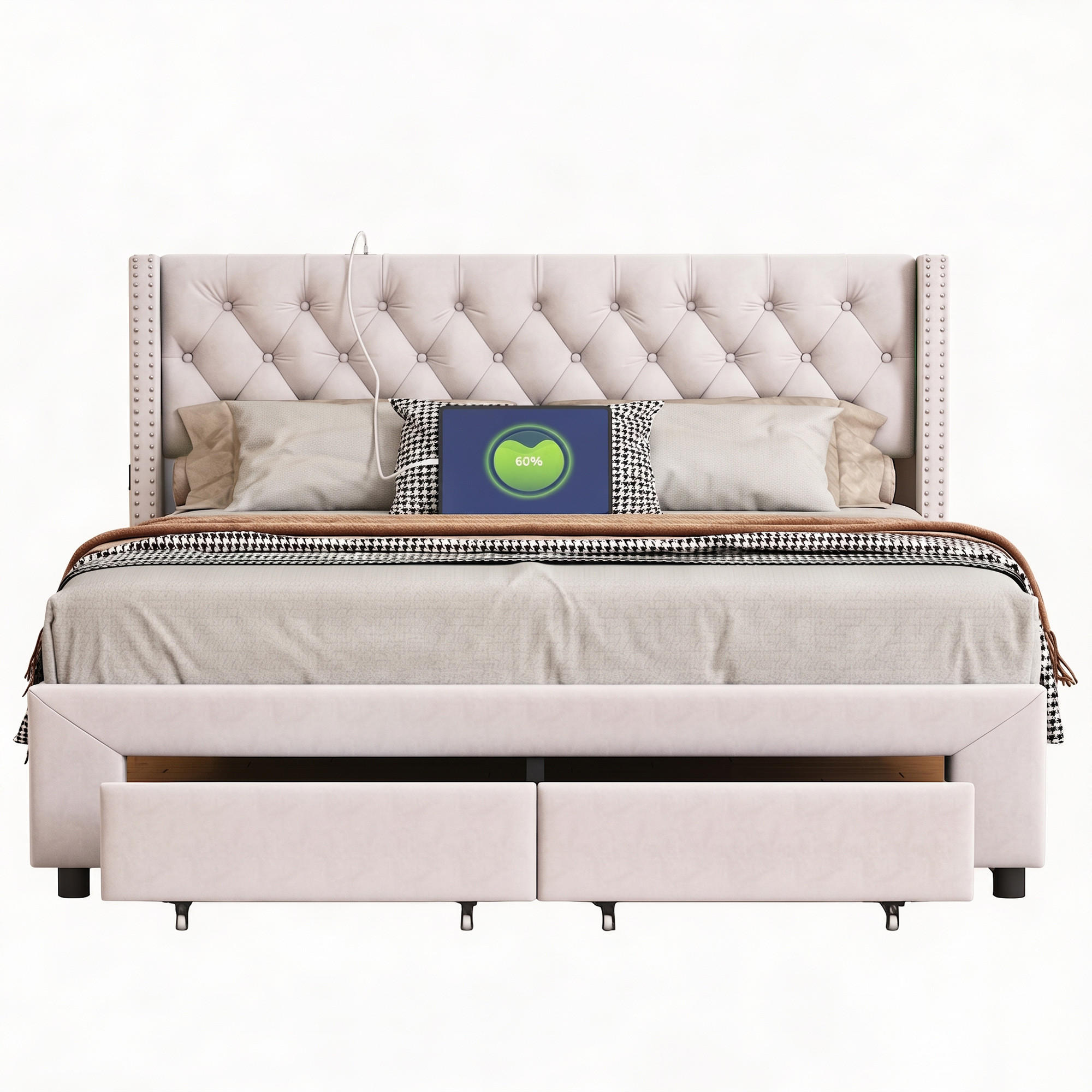POLSTERBETT 180x200 mit LED und USB, Stauraum, Lattenrost und 2 Schubladen, doppelbett 180x200, Samt Ecru - Ecru, Holz/Textil (180/200cm) - GENKI LIVING