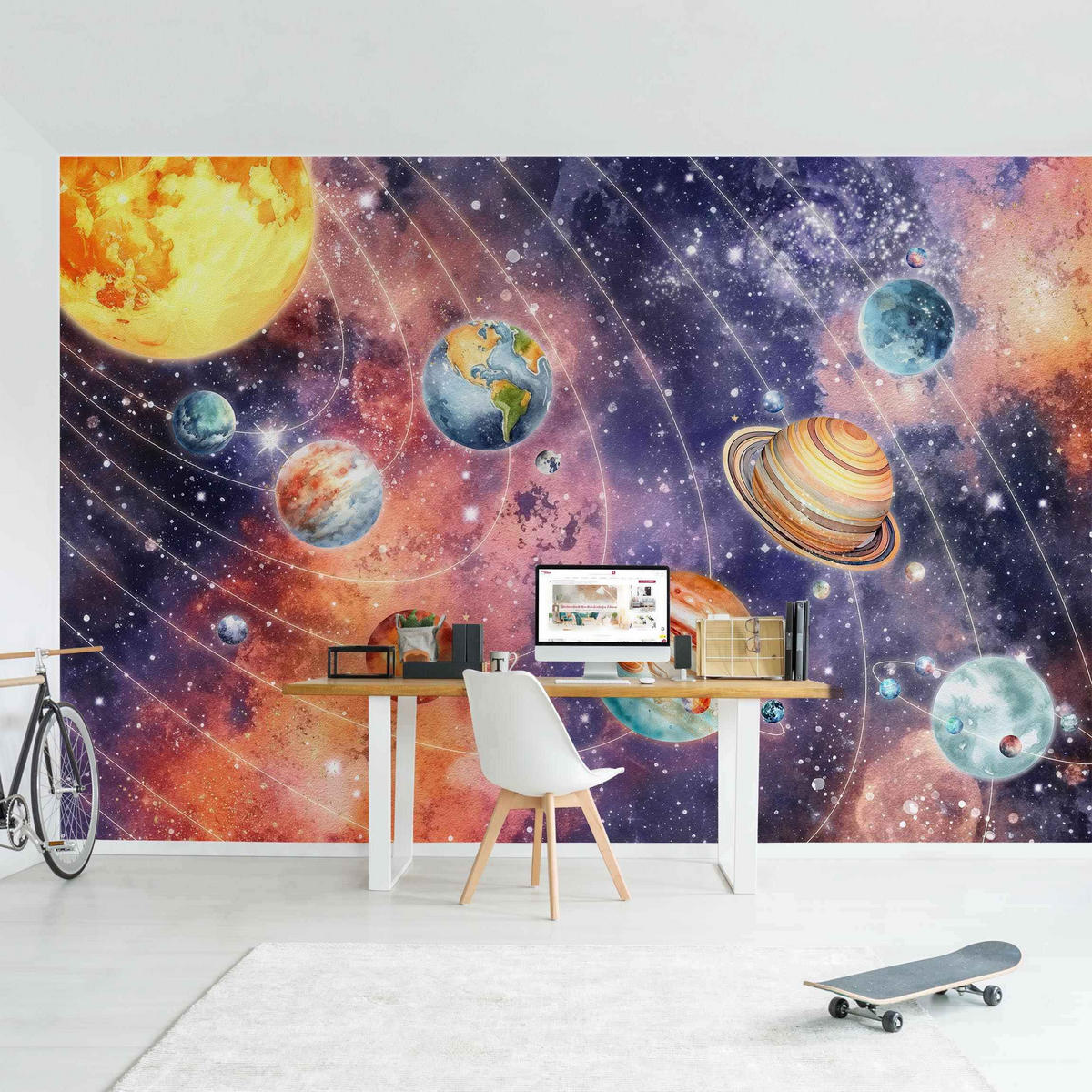 FOTOTAPETE Aquarell Sonnensystem 432/290 cm - Multicolor, Papier (432/290cm) - Bilderwelten