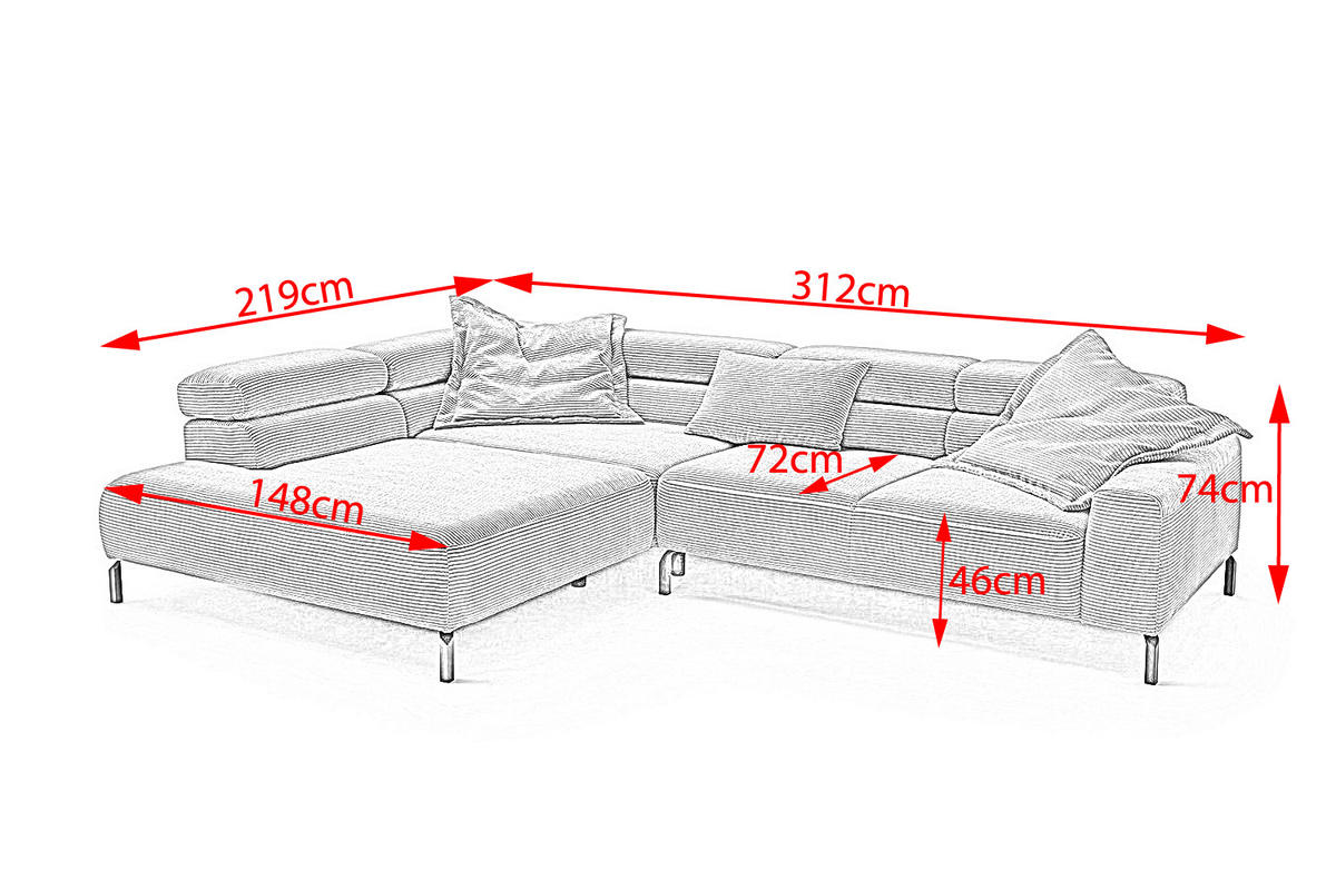 ECKSOFA DELIA Grau Cord - Schwarz/Grau, Textil/Metall (312/219cm) - KAWOLA