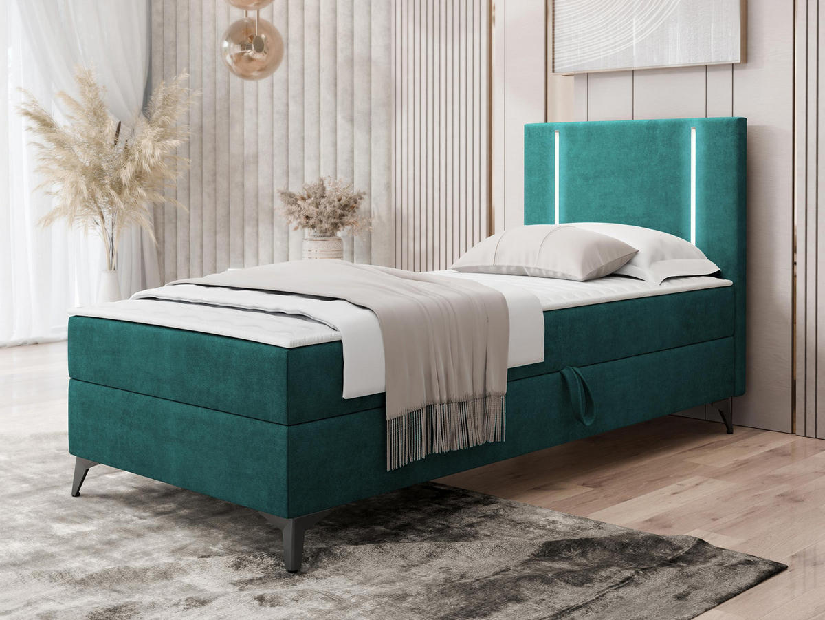 BOXBETT Ono 1, Setite: Rechts - Türkis/Schwarz, Holz/Textil (80/200cm) - MIRJAN24