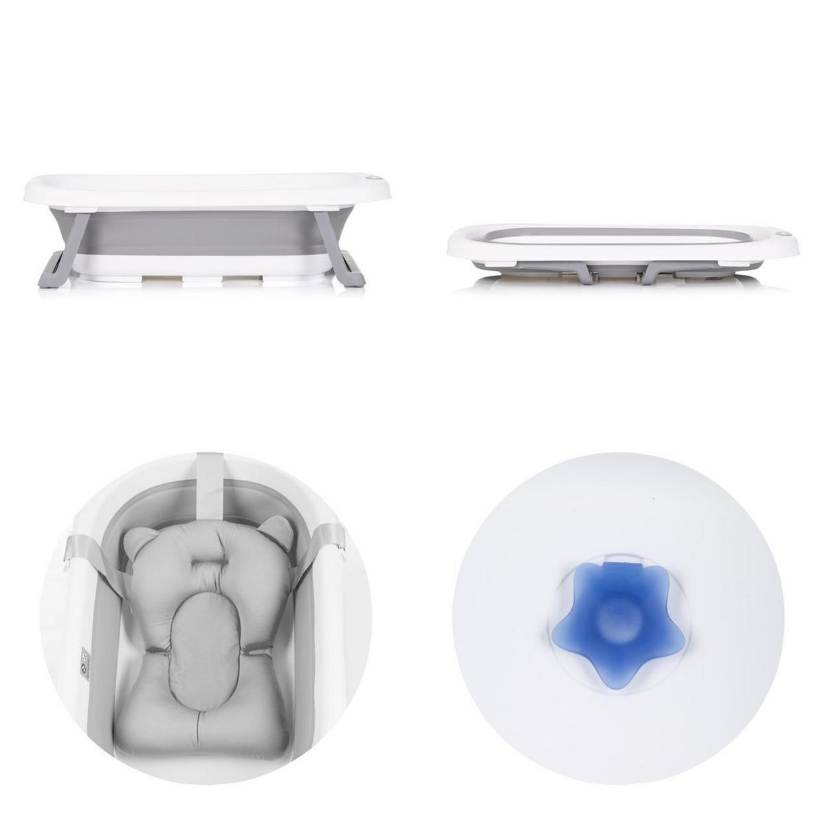 BABYBADEWANNE Isla grau mit Badekissen faltbar, integrierter Wasserablauf - Grau, Kunststoff (50/80cm) - Chipolino