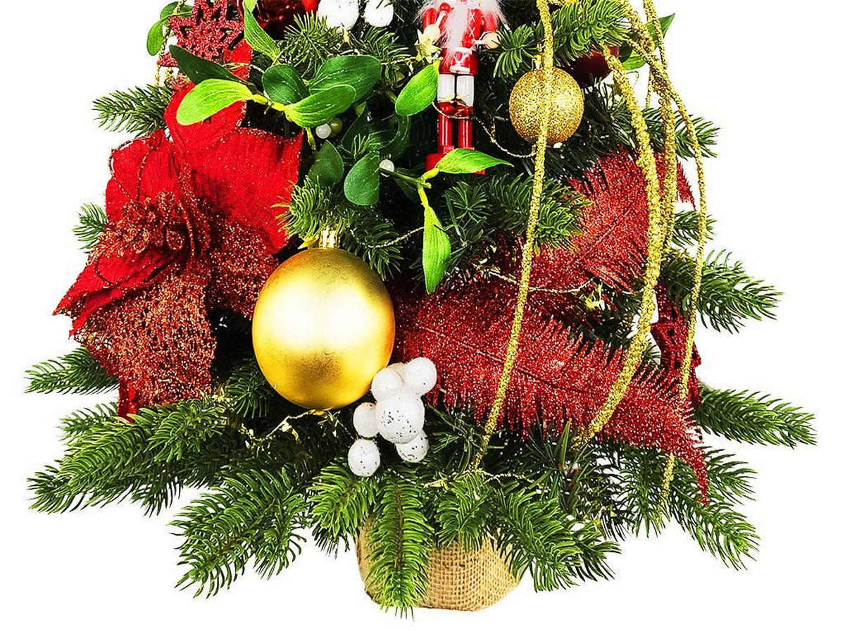 WEIHNACHTSBAUM künstlicher 60 cm mit LED-Beleuchtung, ROTERNUSSKNACKER II, mit 33 Weihnachtsbaumschmuck, Pflanztopf mit Jutesack - Rot/Goldfarben, Kunststoff/Stein (40/60cm) - LAALU