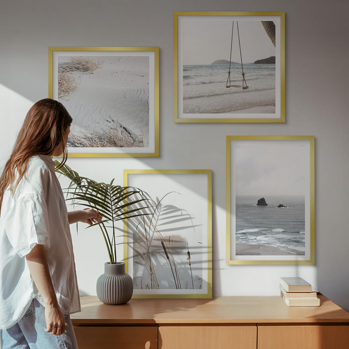 BILDER SET 4er Set - 50x50 cm & 40x60 cm Goldrahmen - Vegetation am Wasser im Sommer - Goldfarben, Kunststoff (50/50cm) - TULUP