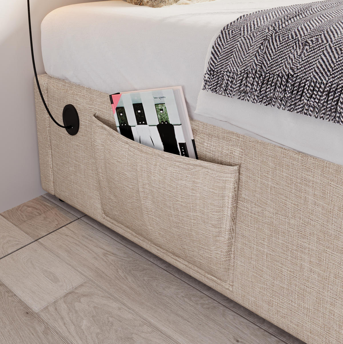POLSTERBETT 90/190 cm mit Bettkasten und USB-C, ohne Kopfteil - Beige, Textil (90/190cm) - BEAOK