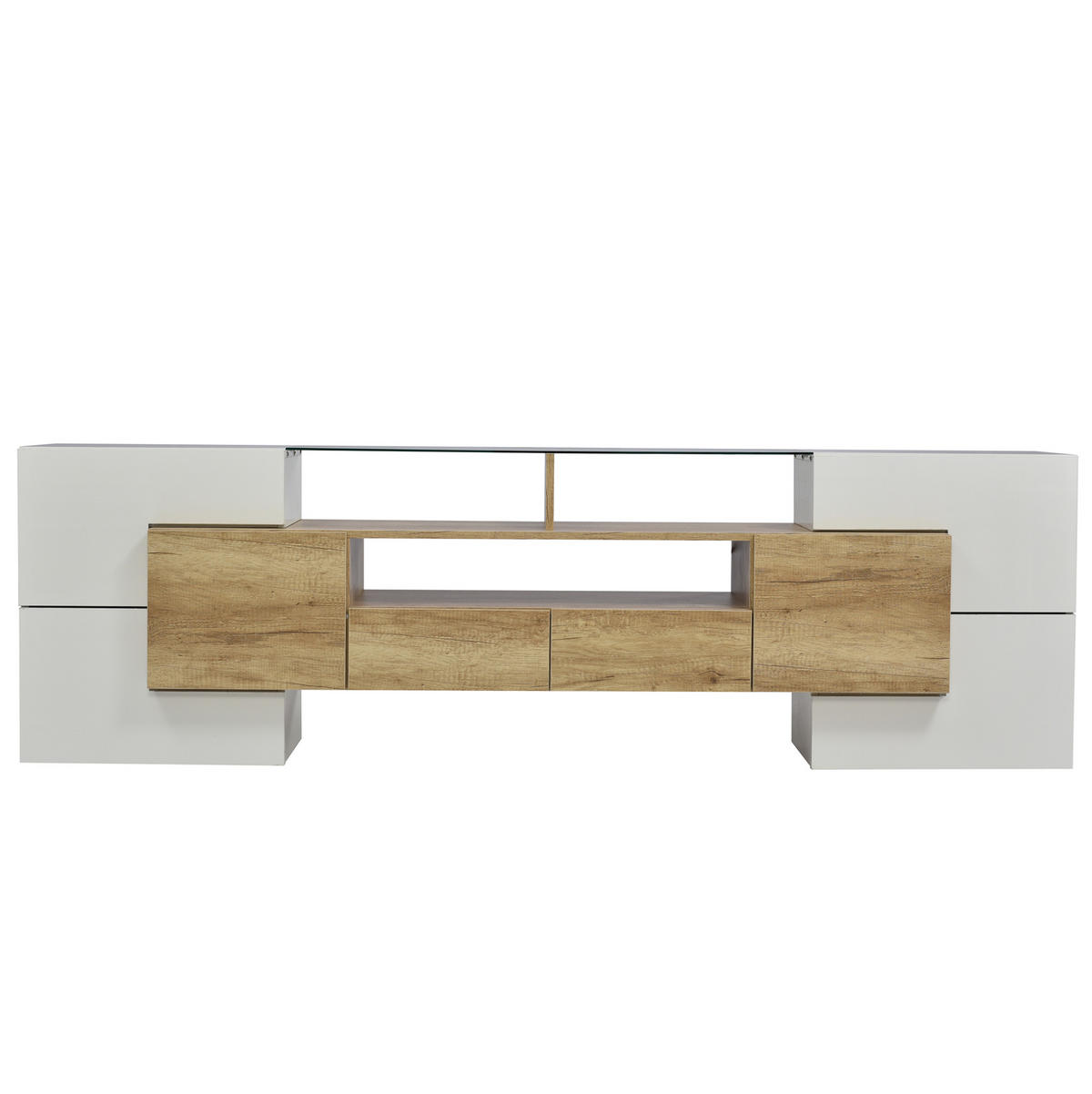 TV stolek 200/35/60 cm s LED osvětlením, velkým úložným prostorem a lesklým povrchem, Přírodní - bílá/hnědá, kompozitní dřevo (200/60/35cm) - Redom