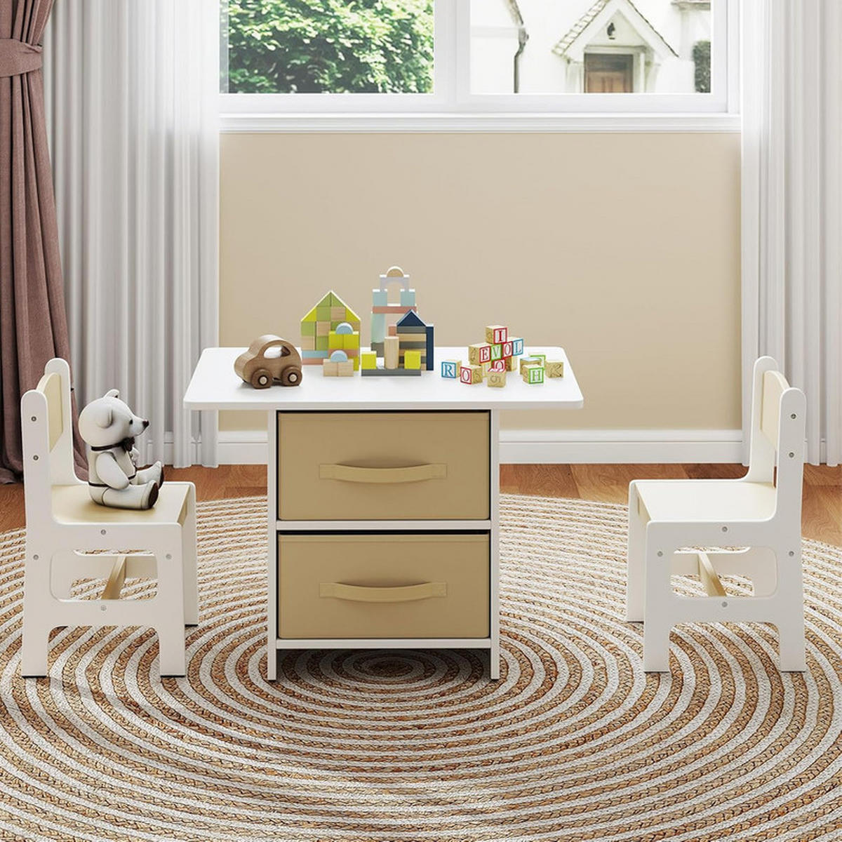 KINDERTISCHE mit Stühlen beige(3-tlg) - Beige, Holzwerkstoff (71/50/48cm) - COSTWAY
