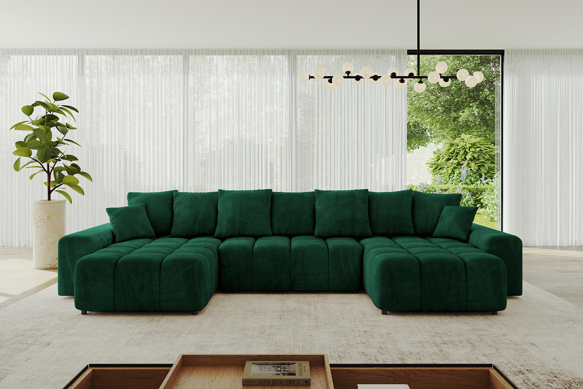 WOHNLANDSCHAFT ENIL-U 390x175x84 Dunkelgrün Velours - Dunkelgrün, Holzwerkstoff/Kunststoff (390/84/175cm) - ALTDECOR