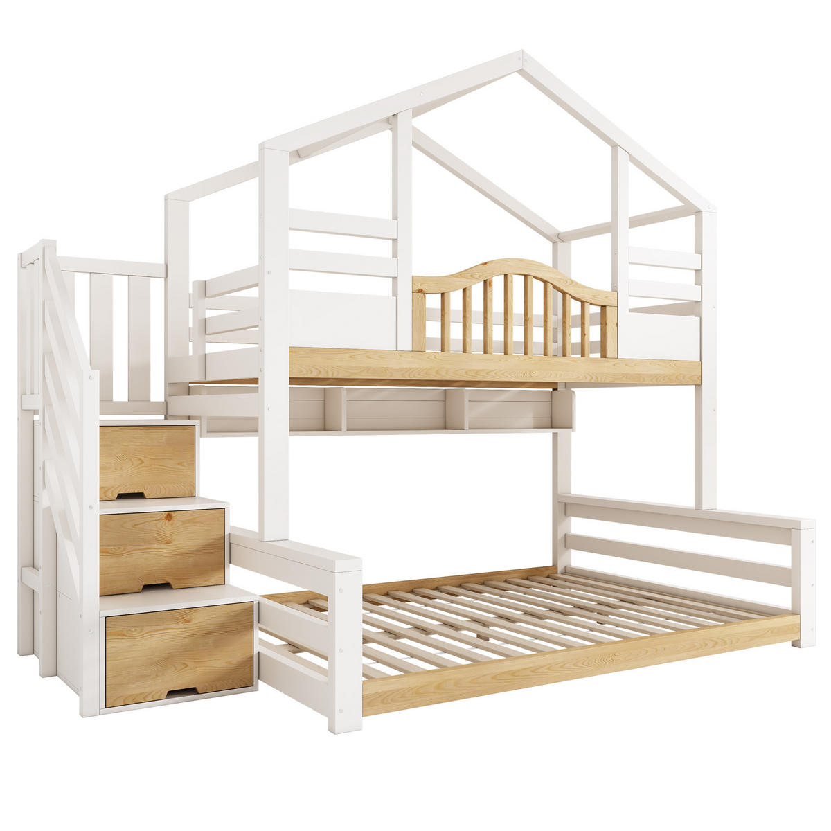 ETAGENBETT mit Treppenschrank 90x200/140x200 cm Weiß Wood 4-tlg. - Weiß, Holz (90/200cm) - Meubliv