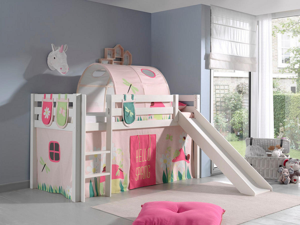 HOCHBETT mit Rutsche Karolina Massivholz Weiß Textilset Spring 4 - Hellrosa/Weiß, Holz (90/200cm) - 58aufmkessel