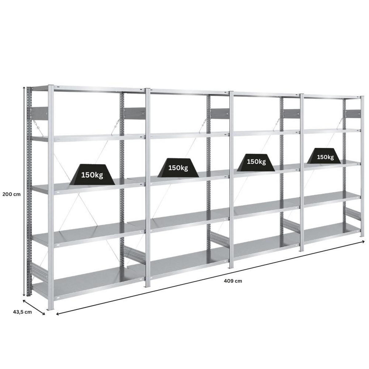SCHWERLASTREGAL Silver Mamba 200x400x40cm 5 Ebenen je 150kg Fachlast Verzinkt - Silberfarben, Metall (400/200/40cm) - PROREGAL